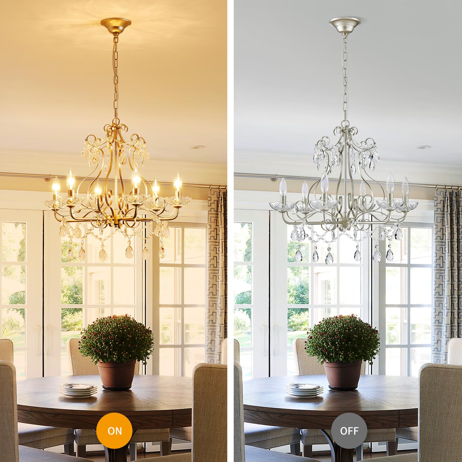 WUZUPS Crystal Candle Chandelier, Modern Nickel Flushmount Light, 22.5" x 21.7", E12 Base, 6 Lights for Bedroom, Hallway, Kitchen, Bathroom