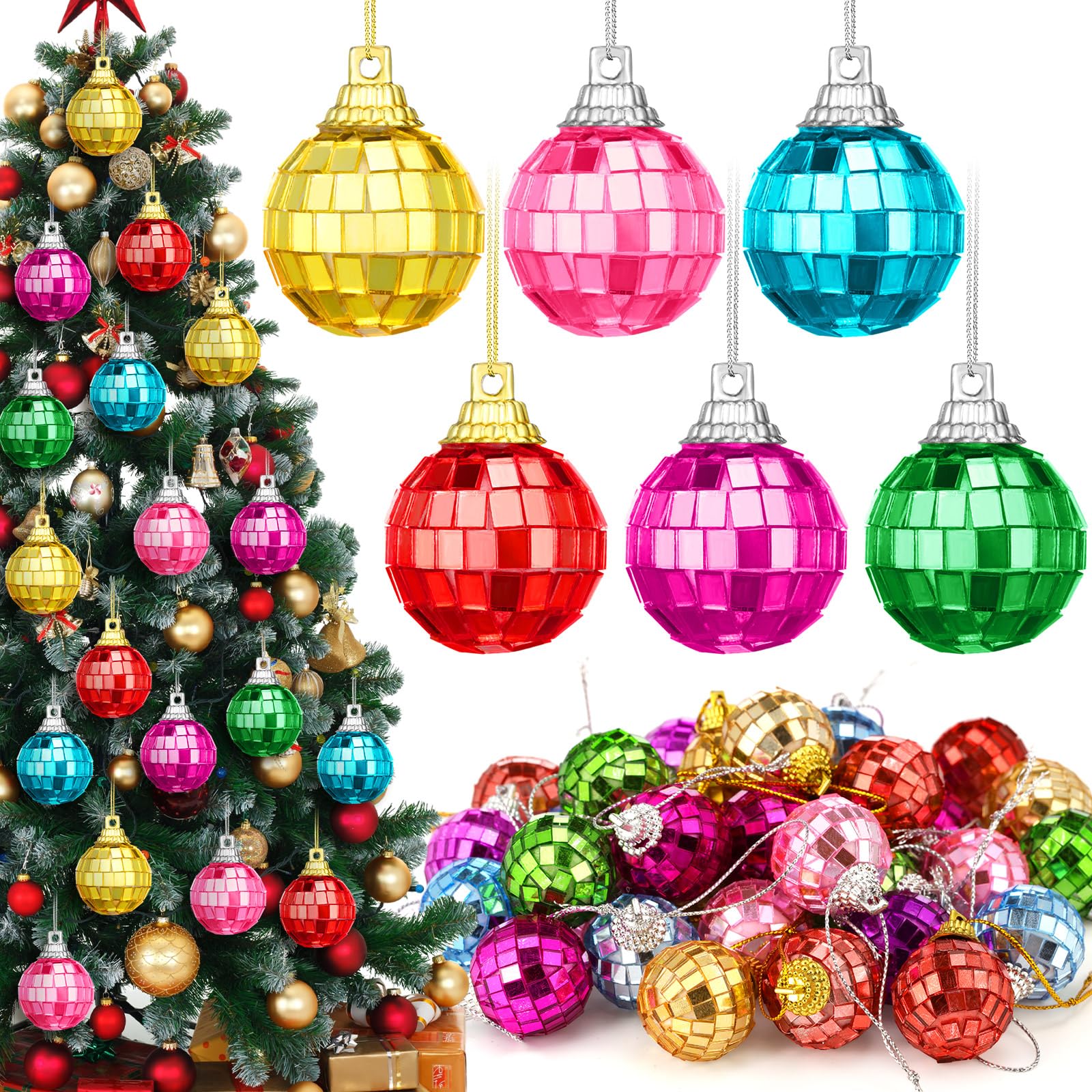 30 Pcs Mini Disco Balls Rainbow Disco Ball Christmas Ornaments Colorful 1.18in Little Mirror Disco Balls for Xmas Tree Decoratio