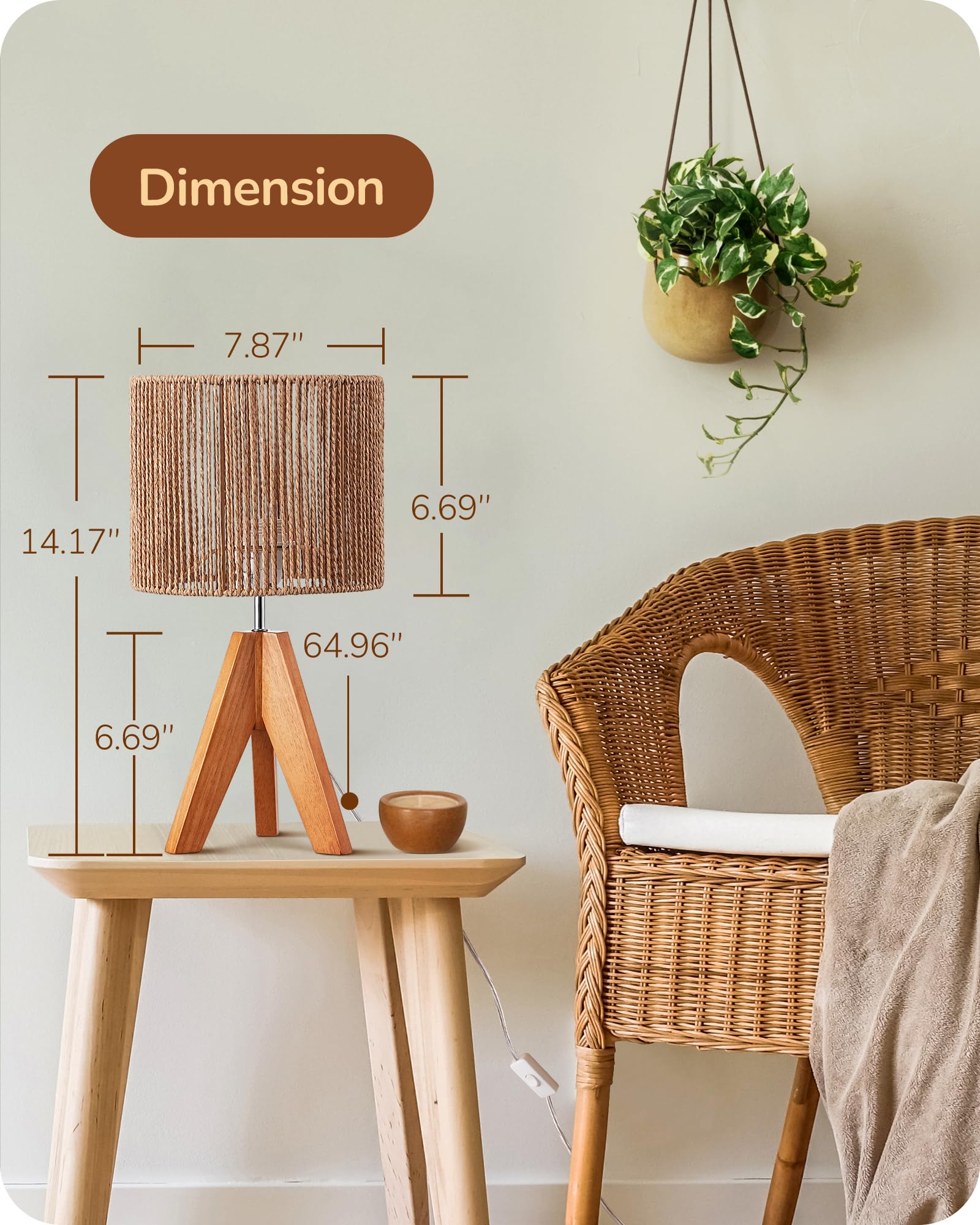 Edishine Small Rattan Table Lamp, Wood Tripod Bedside Lamp, Boho Nightstand Lamp For Living Room, End Table, Office, E26 Base, N