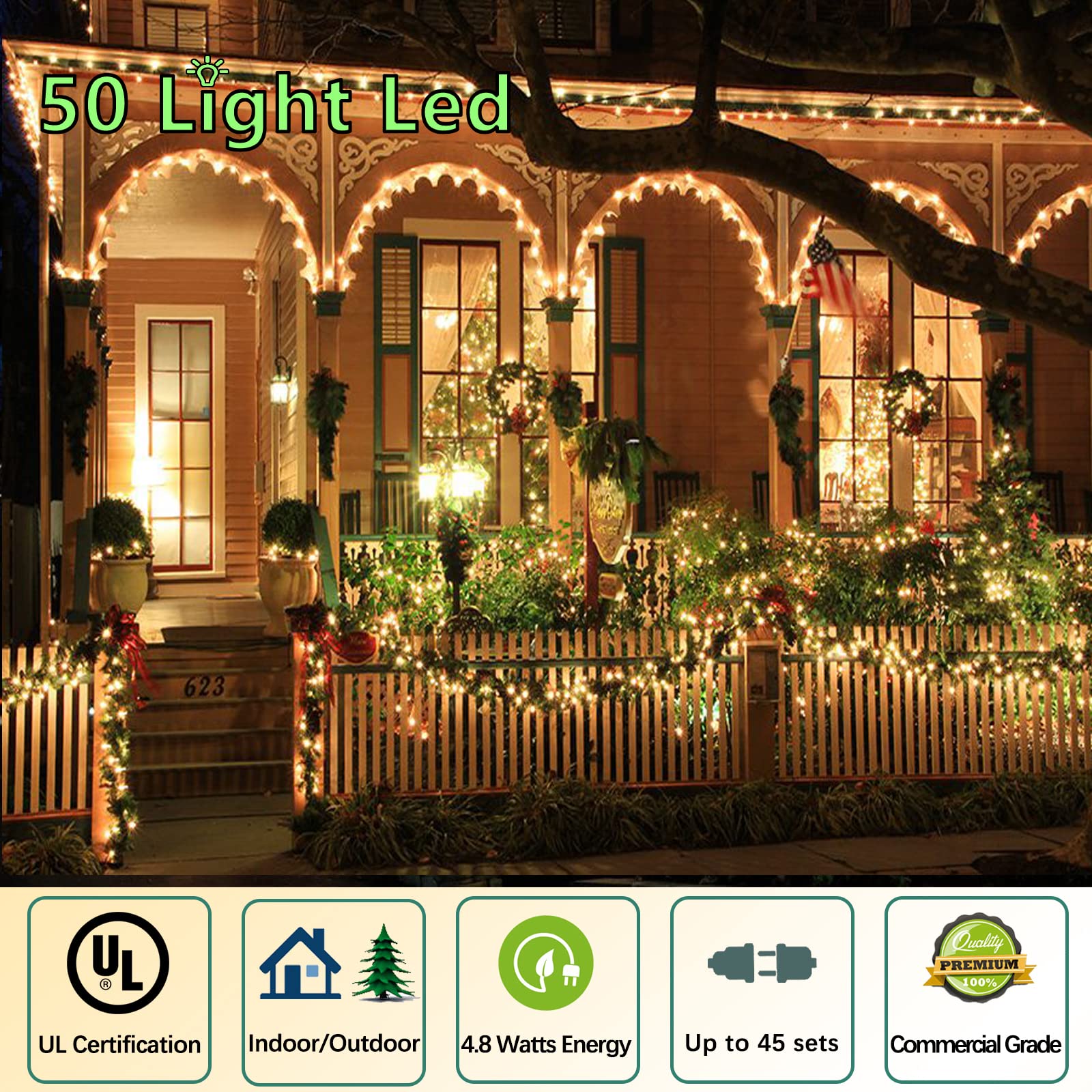 Wominoy 25Ft 50 Counts Warm White Led Christmas Lights - Commercial Grade White Christmas Lights Outdoor Waterproof, Led String Lights Indoor 5Mm Wide Angle Green Wire, Xmas Tree Lights, Ip:65, Ul