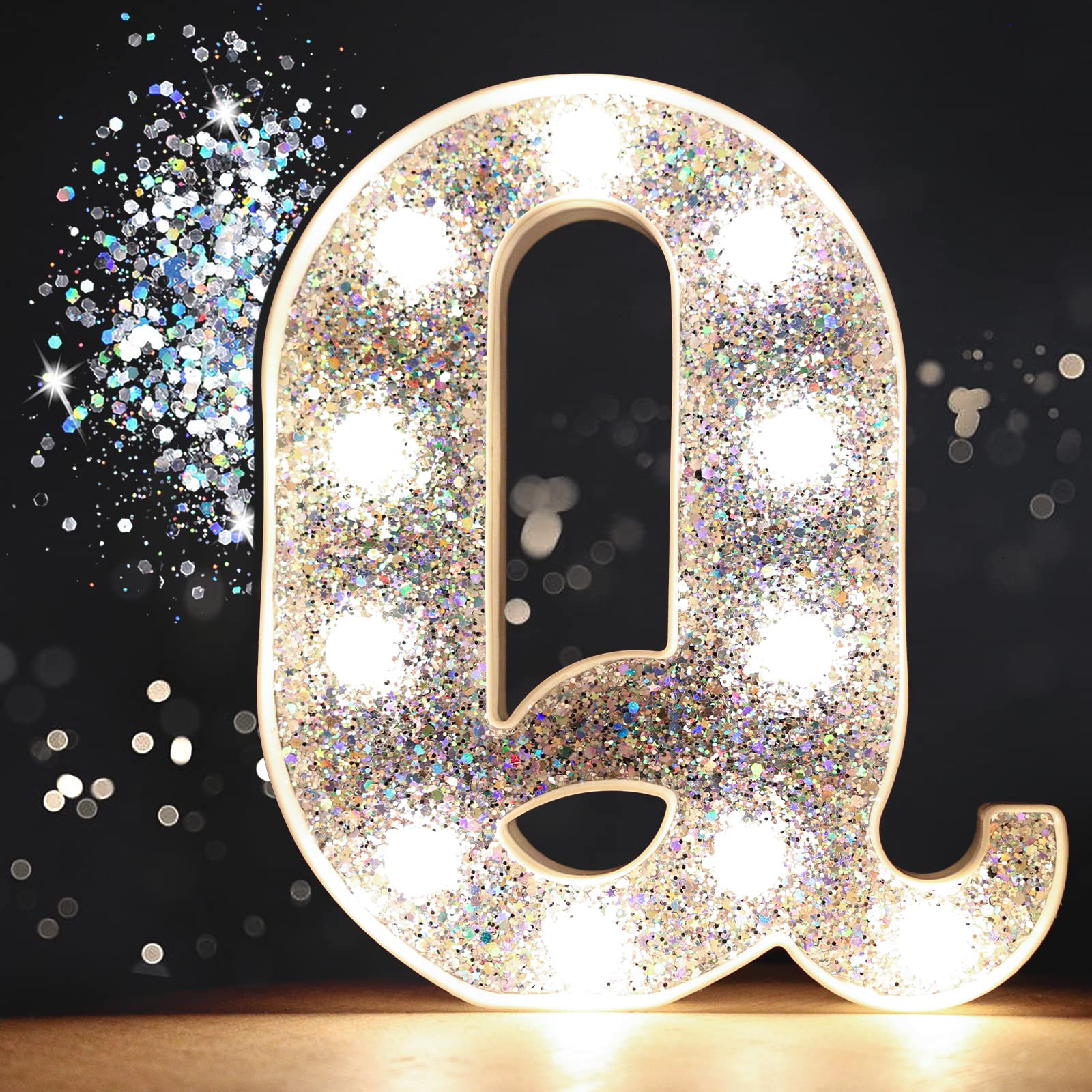 Pooqla LED Marquee Letter Light Sign, Sequin Silver, Battery Powered Alphabet Letter Q for Home Bar, Party, Wedding Decoration