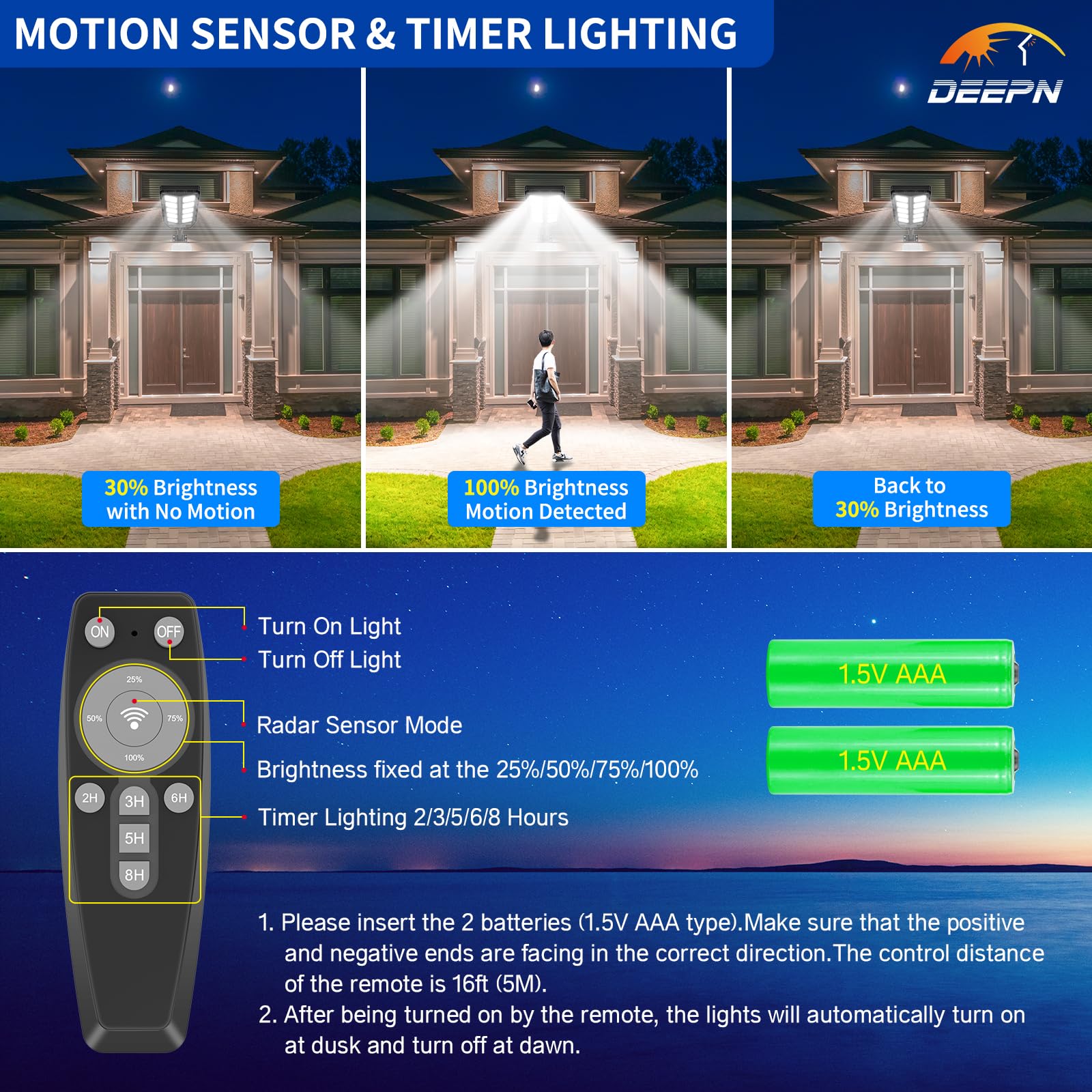 Deepn Solar Lights Outdoor, 6500K IP66 Waterproof Motion Sensor Flood Lights, 2 Pack, Black, Model TW1002, with Remote Control