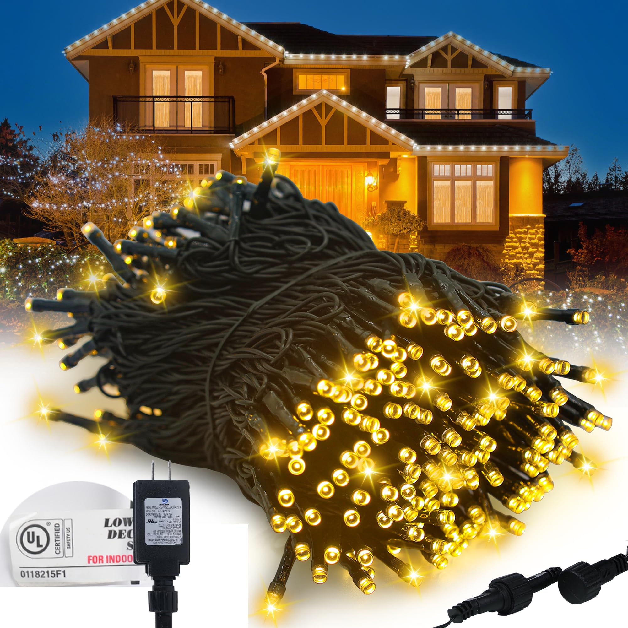 Kwaiffeo Christmas String Lights, 100FT 300LED 8 Modes Connectable Waterproof Warm White Christmas Lights Outdoor Indoor, Twinkl