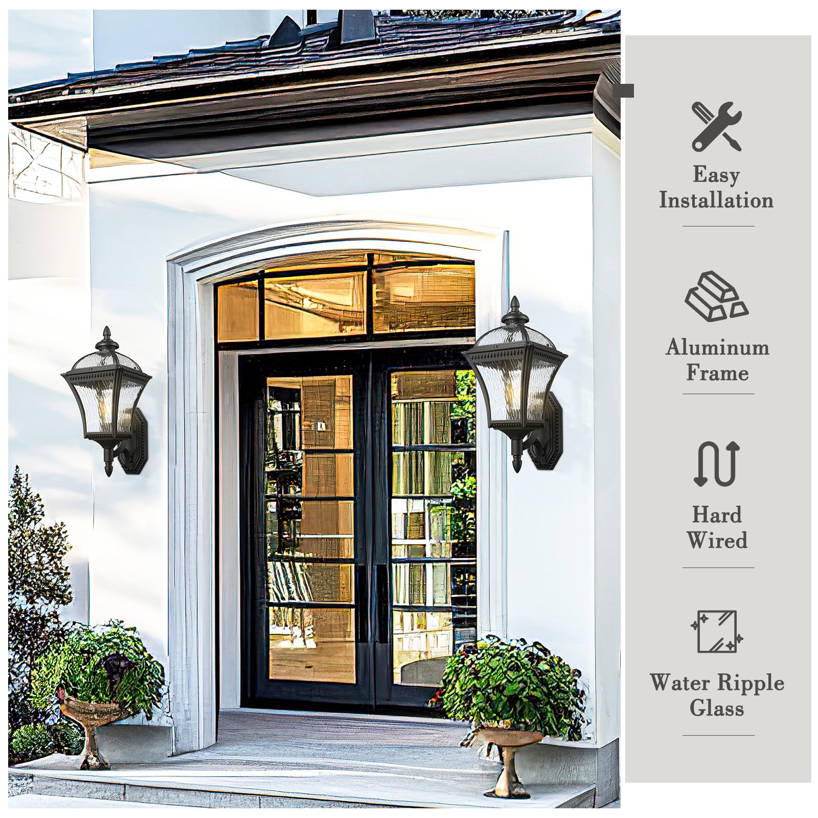 Emliviar 23 Inch Outdoor Light Fixture Wall Mount, Modern Black Outdoor Wall Sconce With Water Ripple Glass, Weatherproof Exteri