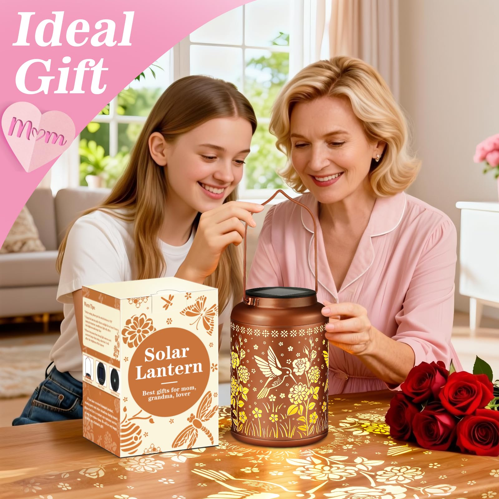 Birthday Gifts For Women Mom Grandma Solar Lantern Outdoor Waterproof  Gardening Gifts For Women  Hummingbird Rose Garden Decor Hanging Solar Lights Yard Decorations Outdoor  Backyard  Patio