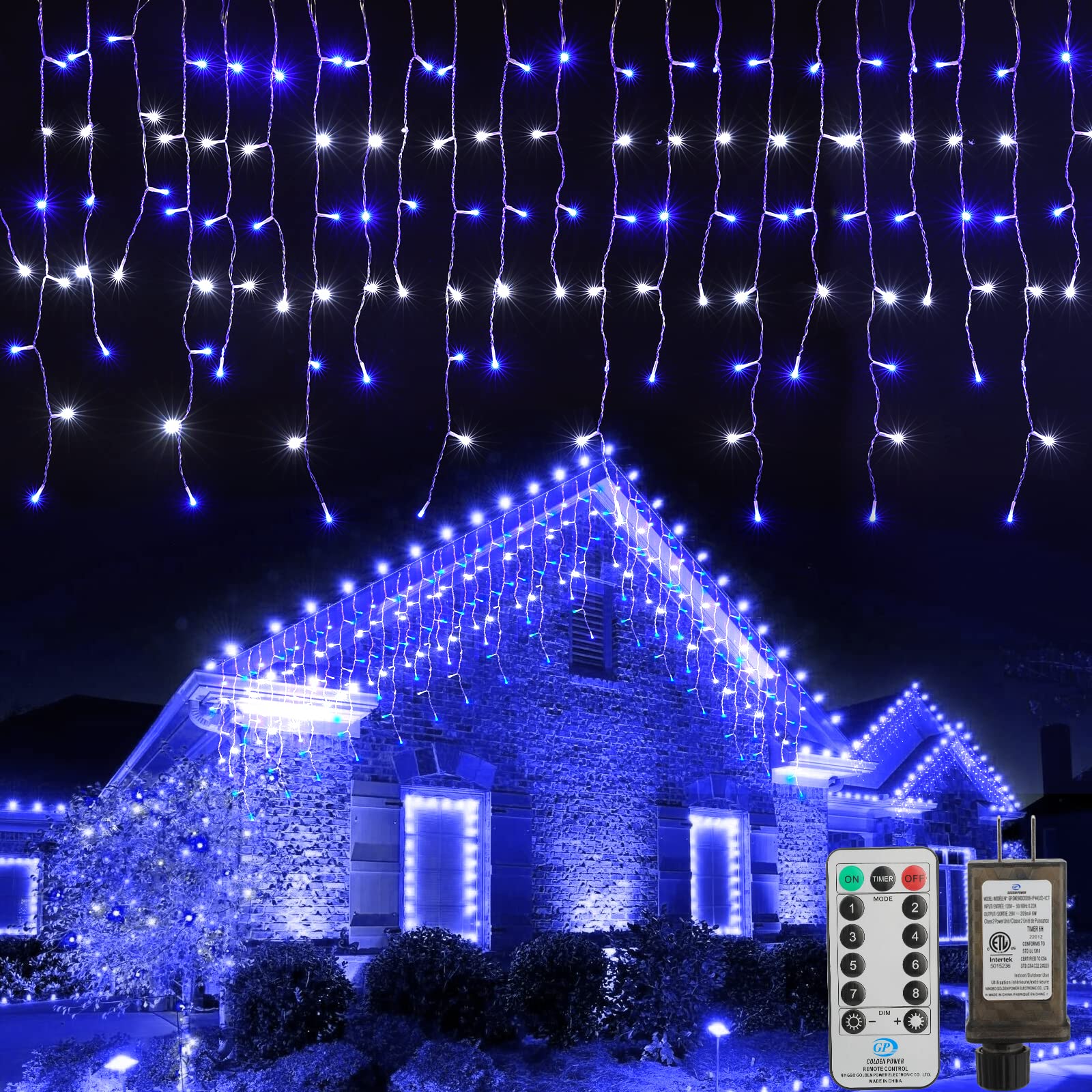 Brightown Christmas Icicle Lights, 33 FT, 384 LED, Waterproof, 8 Modes, Blue & White, Model DMO-300