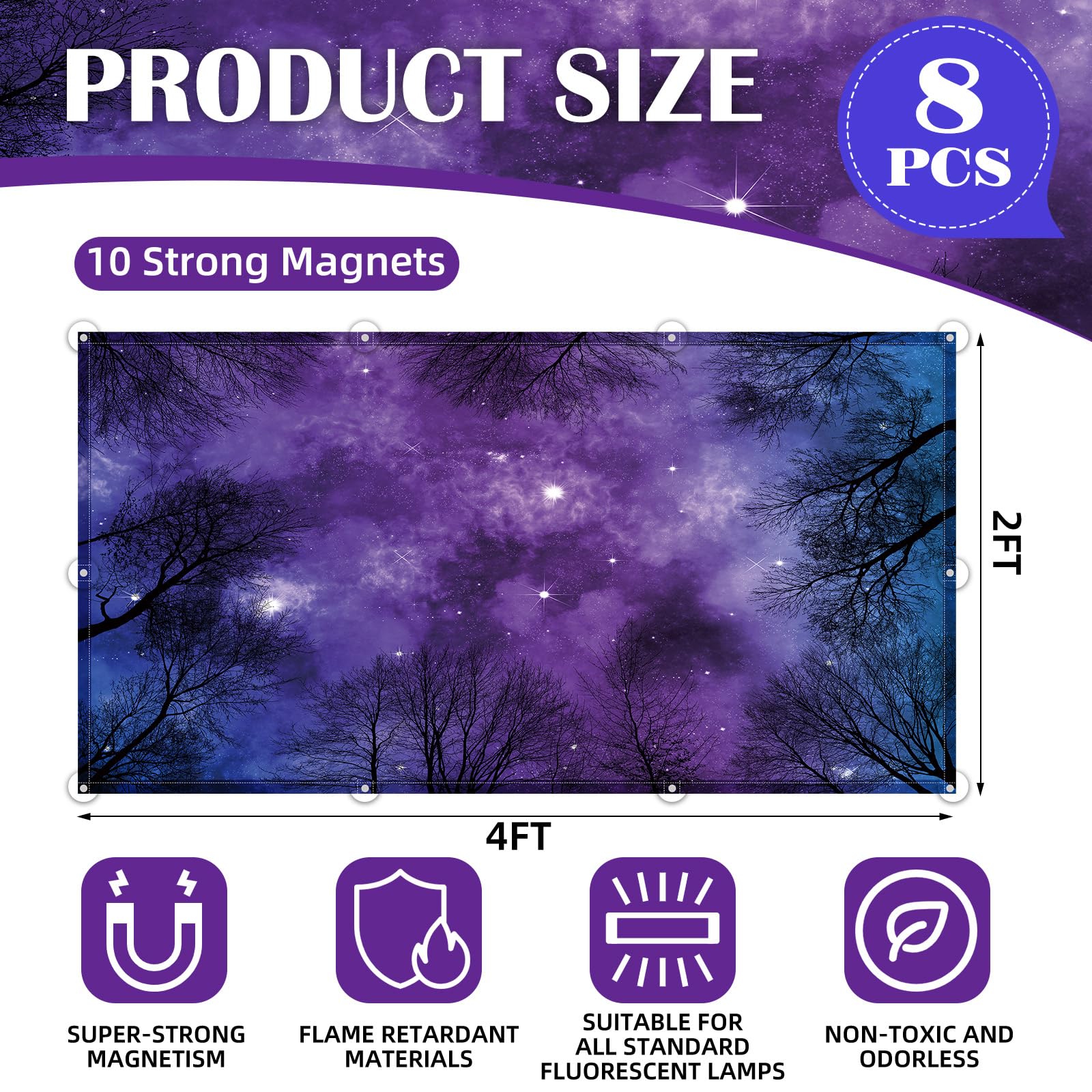 ANGSYLTH Fluorescent Light Covers - 8 Pcs Magnetic Filters, 4 x 2 Feet, Oxford Fabric, Forests & Starry Sky Color