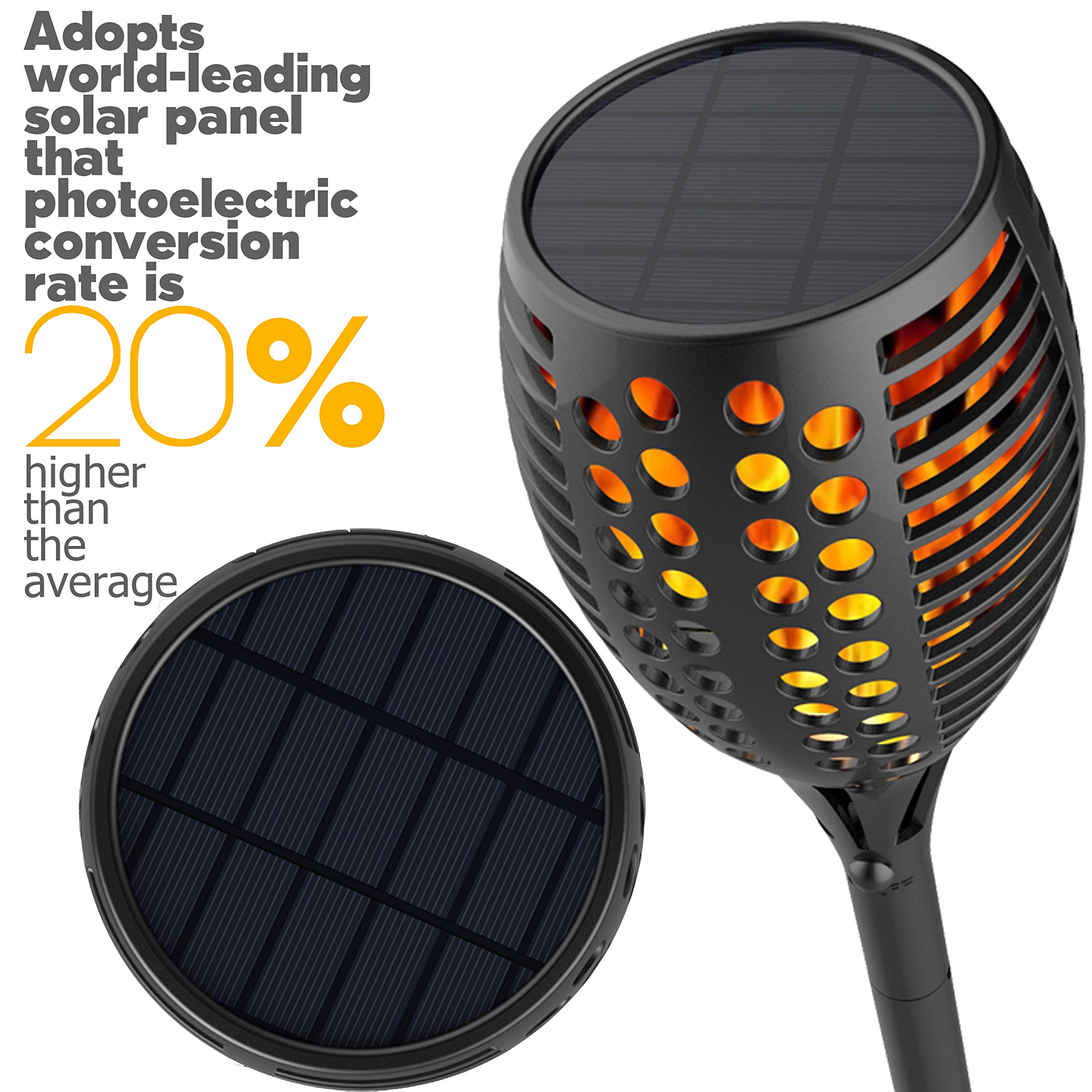 Sunlitec Solar Lights, Waterproof Flickering Flames Torches, Dusk to Dawn Auto On/Off, Black, 2 Pack, Model W8-XNXG-BG1F
