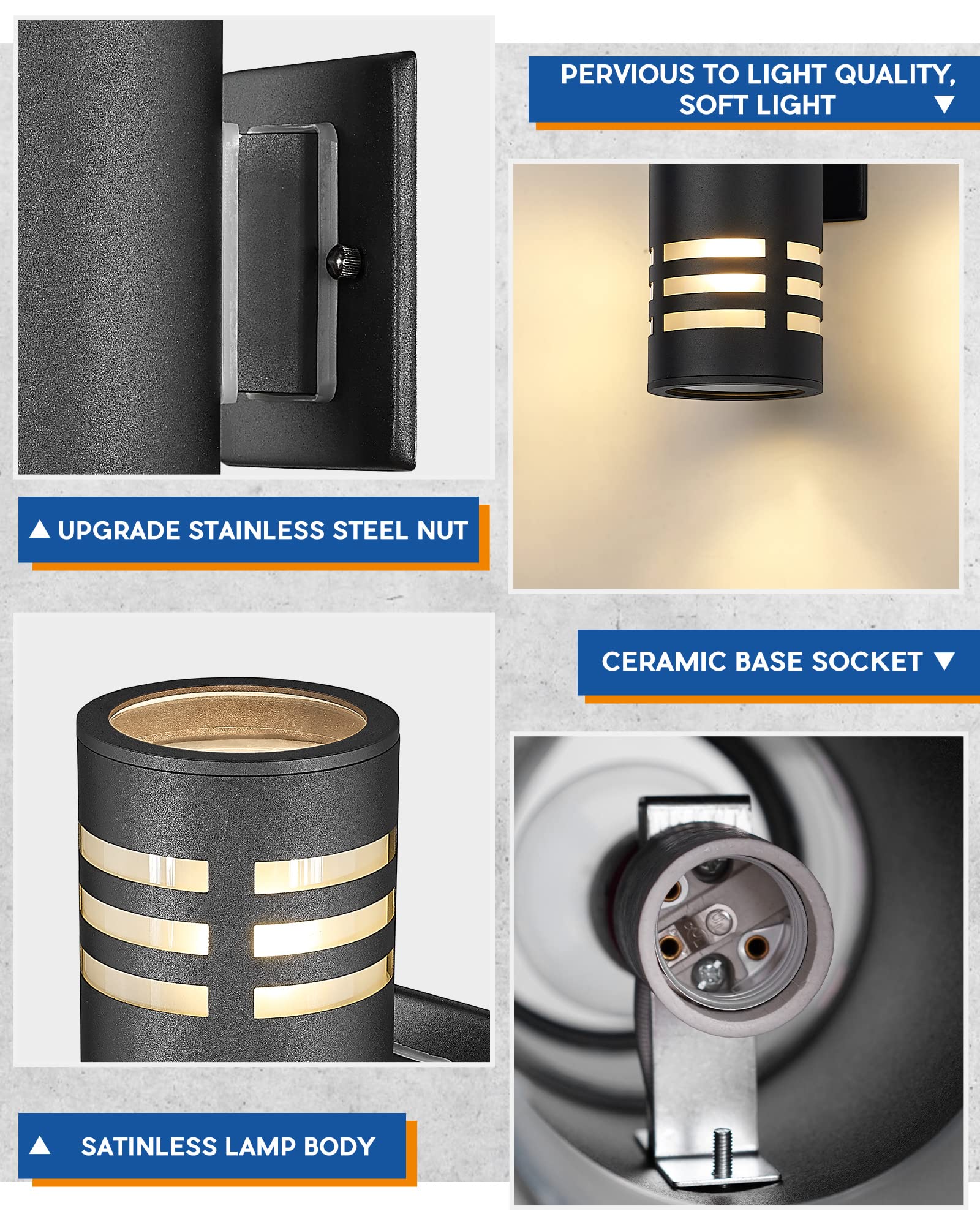 TENGXIN Outdoor Wall Light, Up and Down Cylinder, Stainless Steel, Black Finish, 2 Pack, E27, Model TXWLSS0012B-2, UL Listed