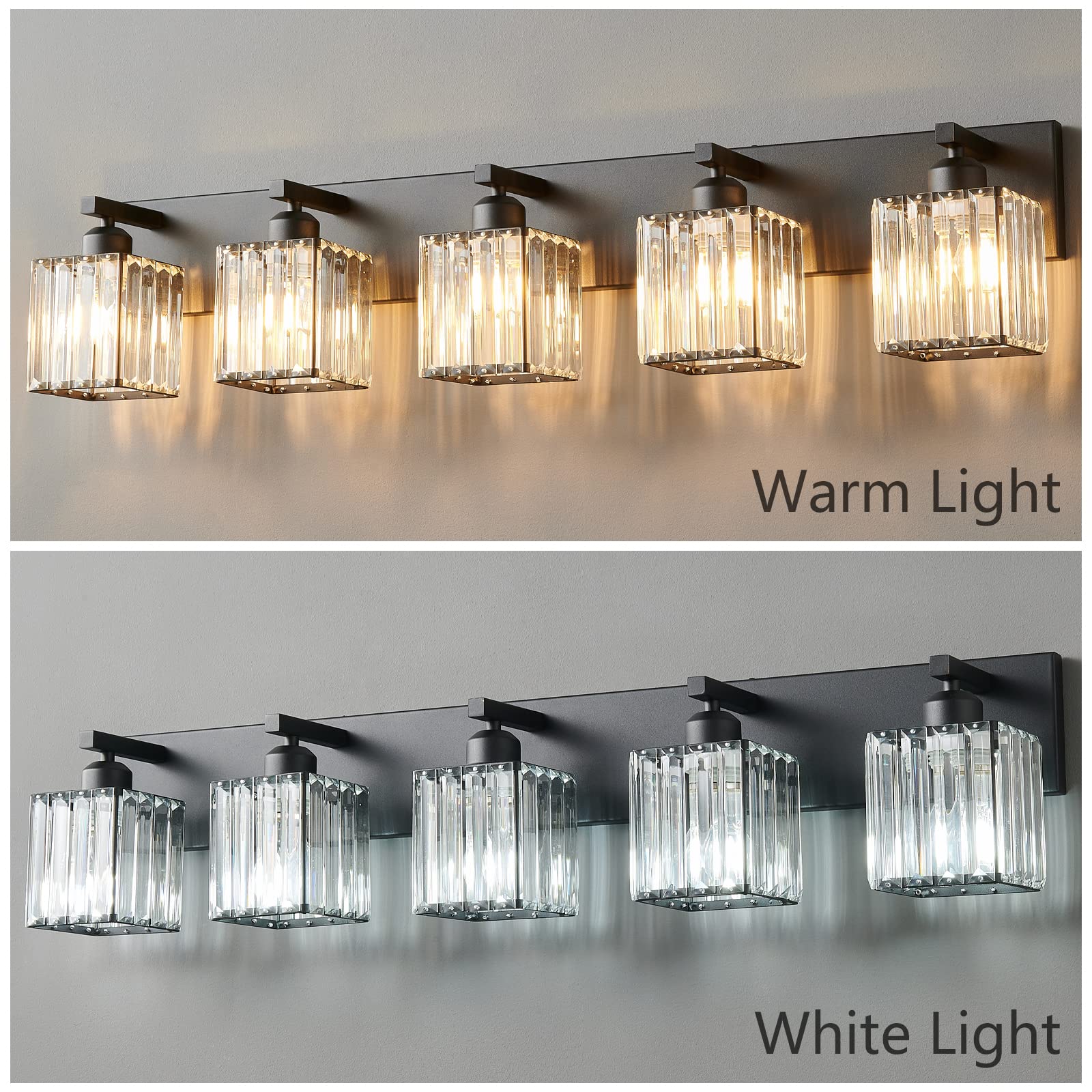 FDPBY Modern Black Crystal Bathroom Vanity Light - 5-Light Wall Fixture, Metal, JW-002, Black