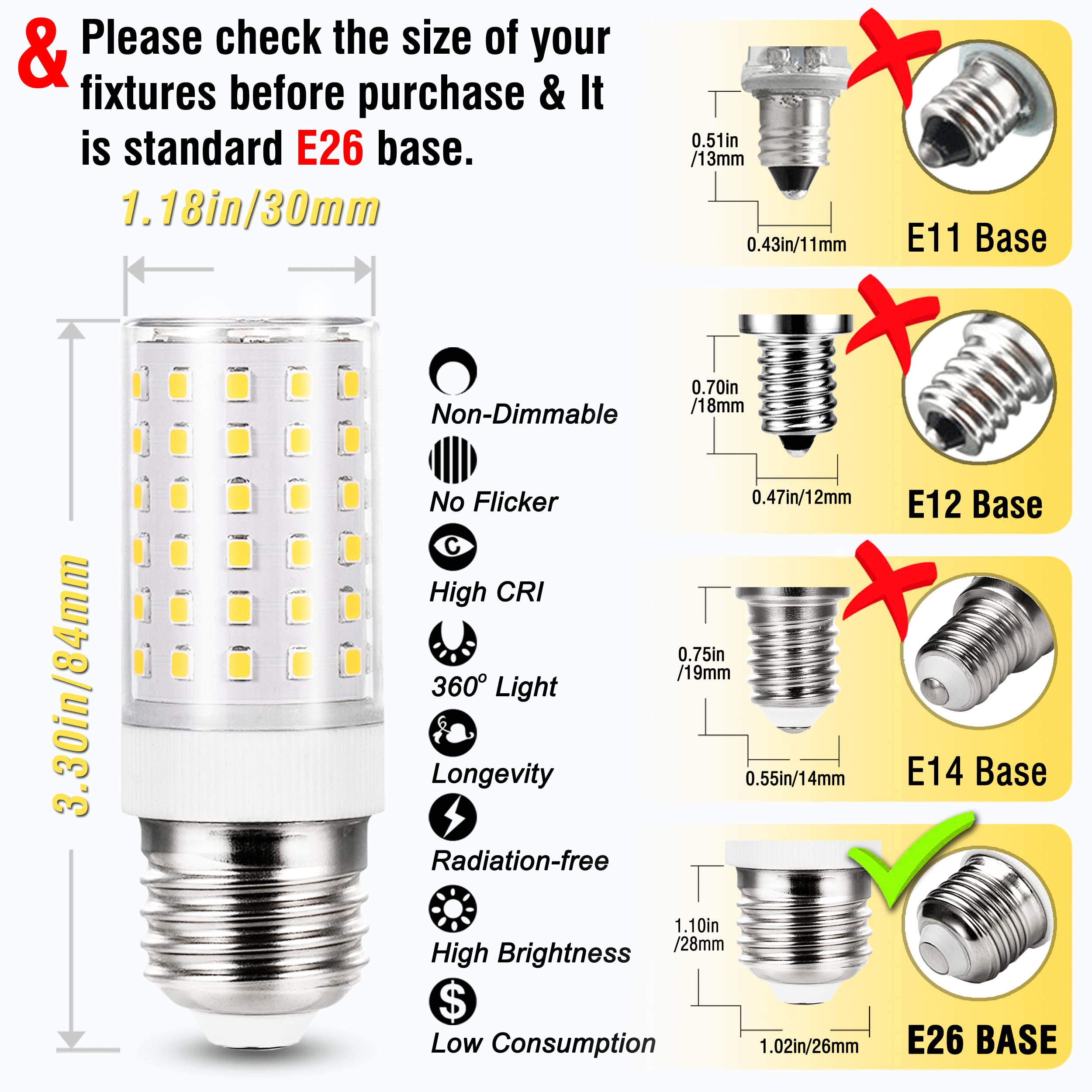 Alide E26 E27 12W Led Candelabra Bulbs,E26 100 Watt Led Replacement, 4000K Natural White,E26 Led Corn Light Bulbs 1200Lm For Ceiling Fan Chandelier Pendant Lighting,Non-Dimmable,4 Pack