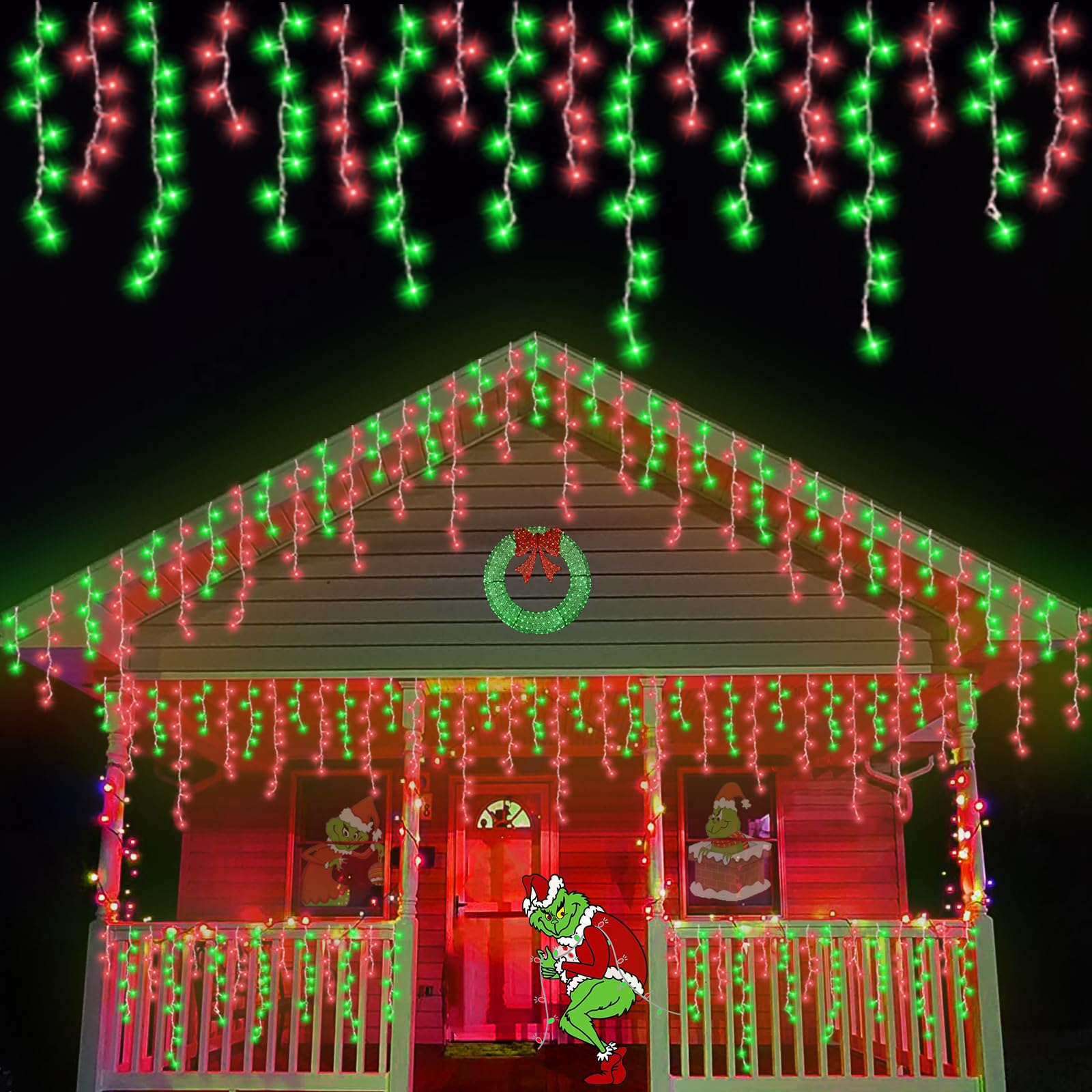 YEGUO Icicle String Lights 33ft 400 LED Red and Green Waterproof 8 Modes with Memory Timer