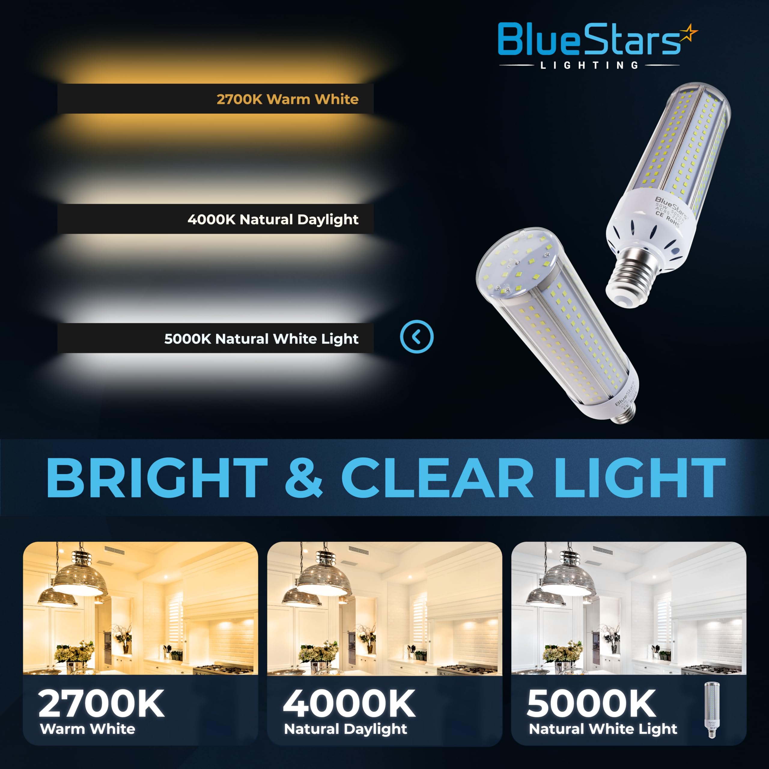 BlueStars 50W E26 LED Corn Light Bulbs, 5000K, 3200 Lumens, Clear, Super Bright for Home, Outdoors, Warehouses