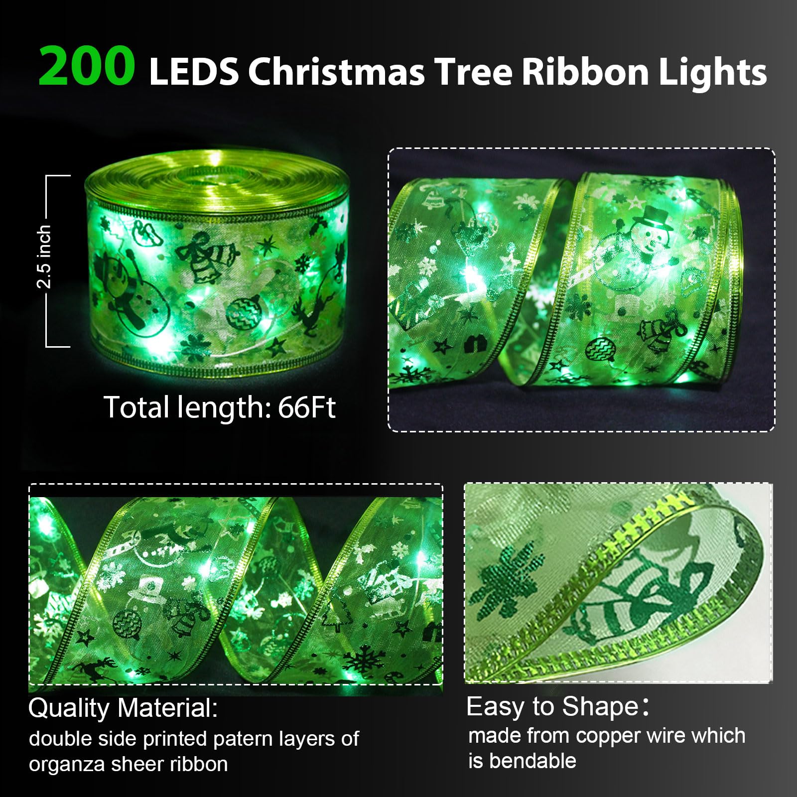 Vloso Christmas Tree Ribbon Lights for Christmas Tree Decorations-2.5Inch 66 Ft 200 Led Lighted Ribbon for Christmas Tree with R