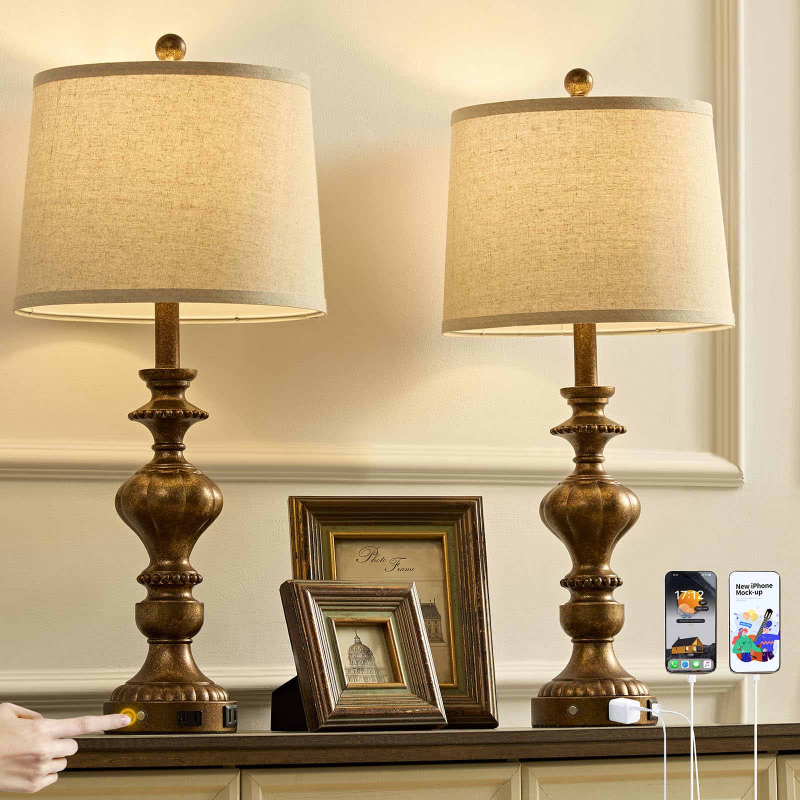 SAIWEYA Table Lamps Set of 2, 27.5in Touch Dimmable with USB C+A Ports & AC Outlet, Copper, Model TM-T03