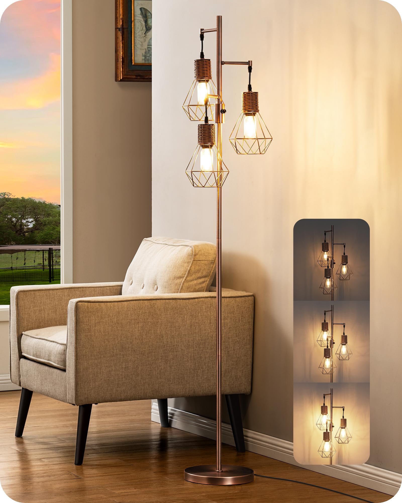 EDISHINE Farmhouse Floor Lamp Dimmable, Industrial Standing Lamp for Living Room, Diamond-Shaped Cage, Corner Rustic Rattan Tall