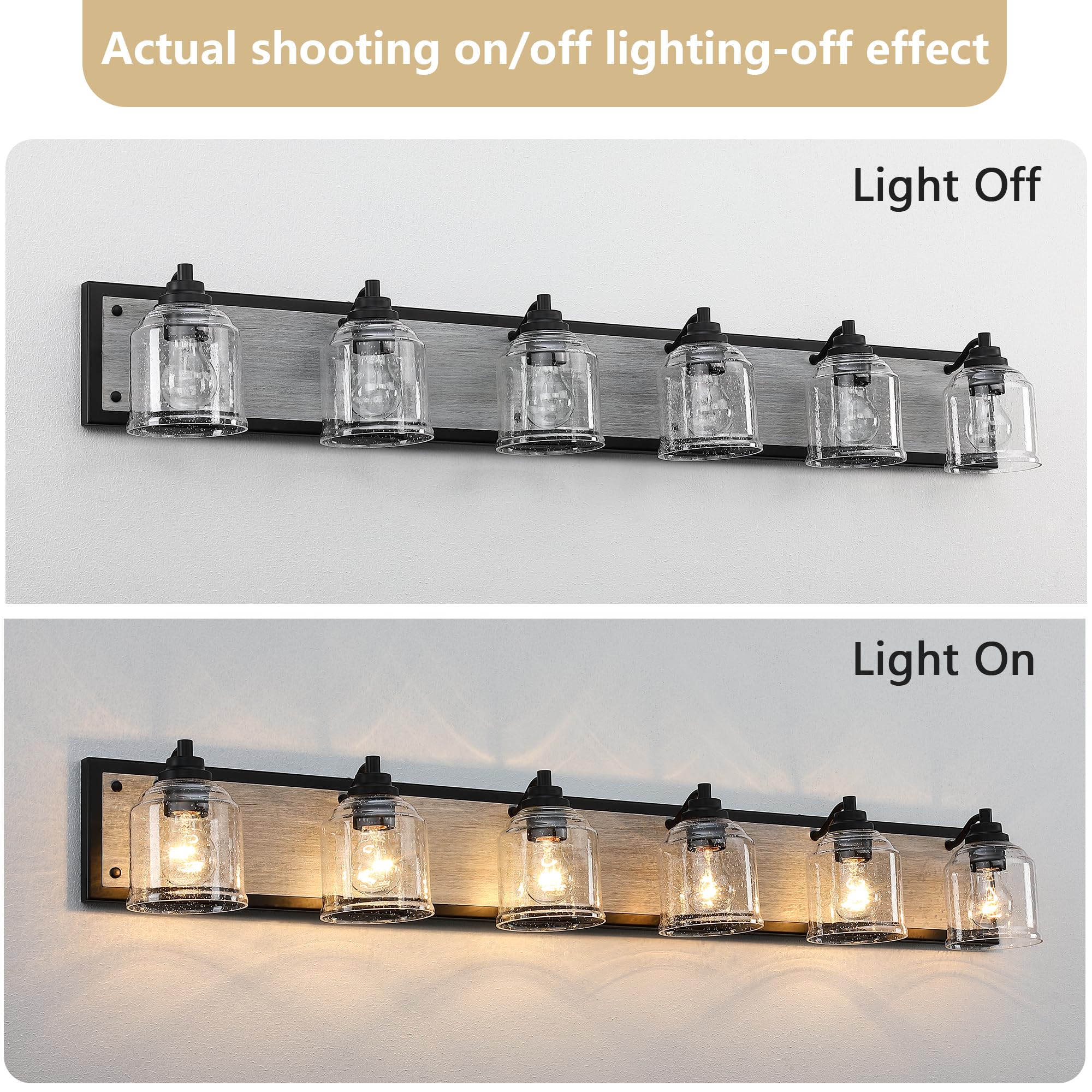 YKLITG 6-Light Farmhouse Bathroom Vanity Light, Grey Metal with Bubble Glass Shades, Model BD005-6-BK
