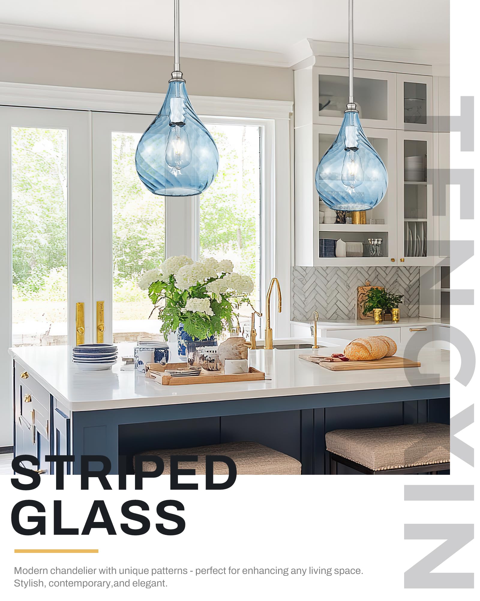 TENGXIN 8 Inch Brushed Nickel & Blue Glass Pendant Light for Kitchen Island, Model TXPLBN13-L