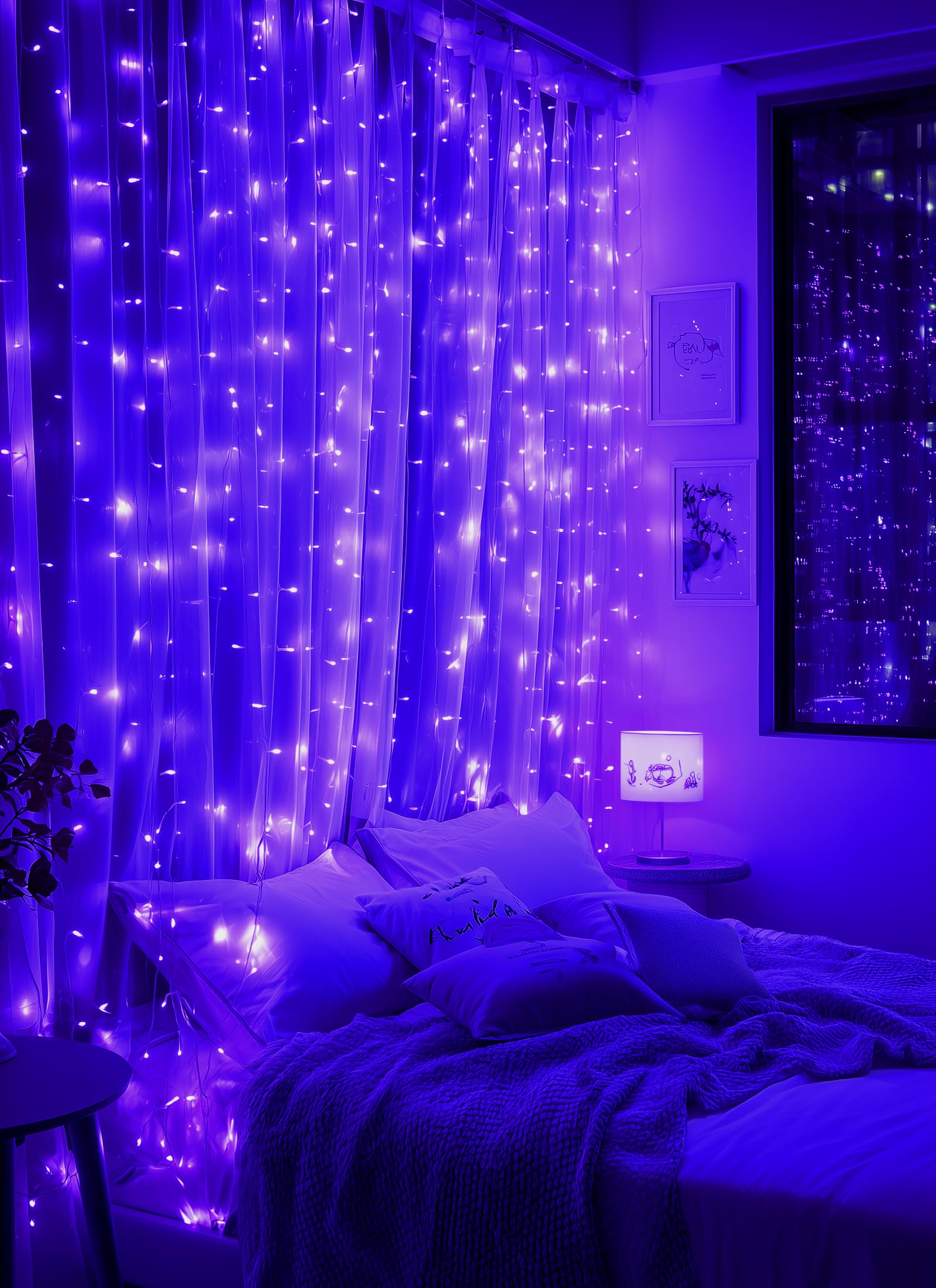 Brightown 300 Led Purple Halloween Fairy Curtain Lights  9.8Ft X 9.8Ft Curtain String Lights  Usb Plug In 8 Lighting Modes Led Christmas String Hanging Lights With Remote For Bedroom Indoor Weddings