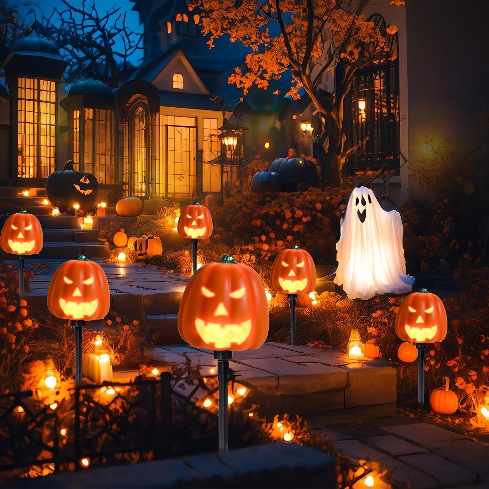 Afirst Halloween Pumpkin Pathway Lights with Animated Faces, Multi-colored, Model 830, Outdoor Garden Decor