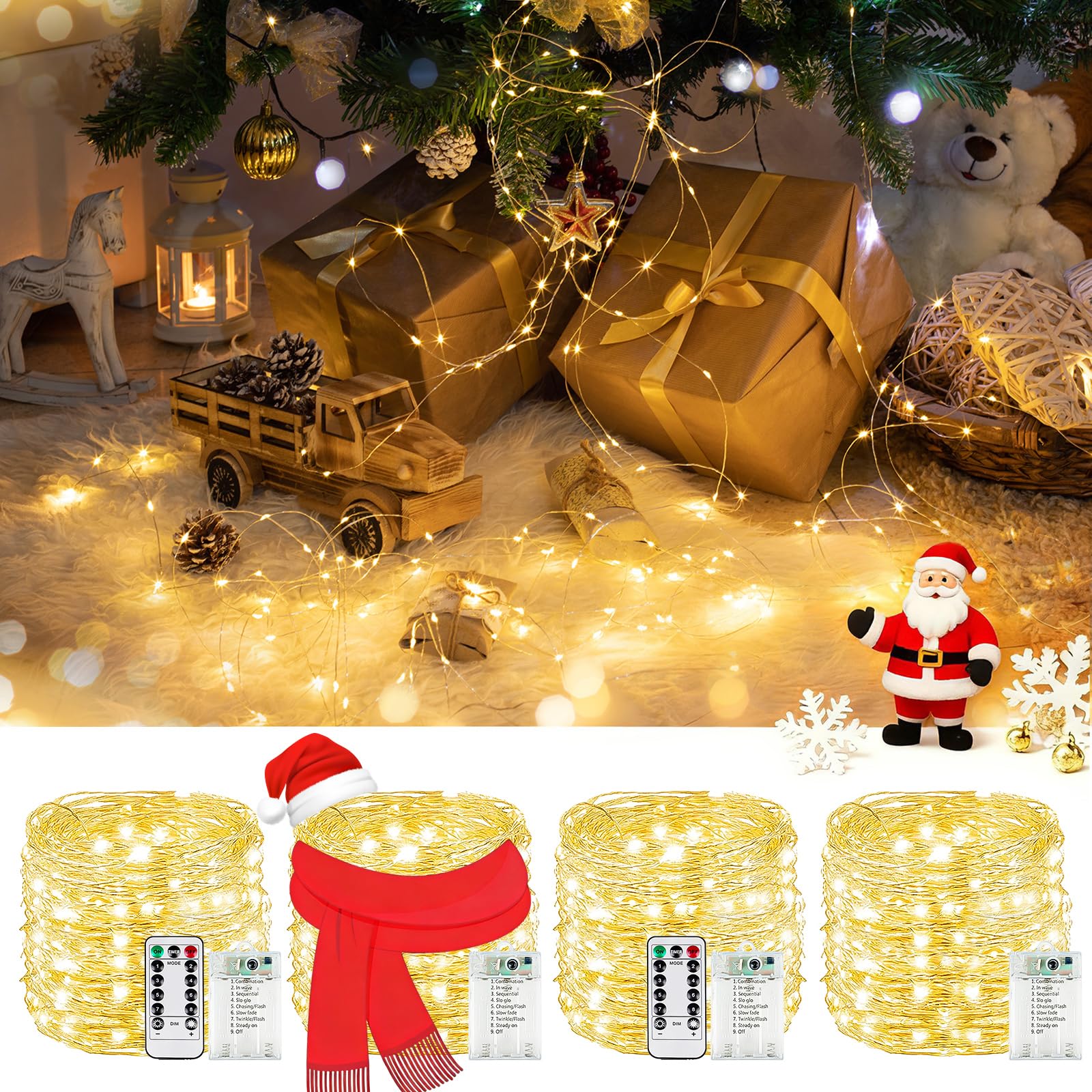 4Pack 80FT 240LED Christmas Fairy Lights Battery Operated with Remote & Timer | 8 Modes Twinkle String Lights Battery Powered Indoor Outdoor Waterproof for Bedroom Wedding Christmas D?cor
