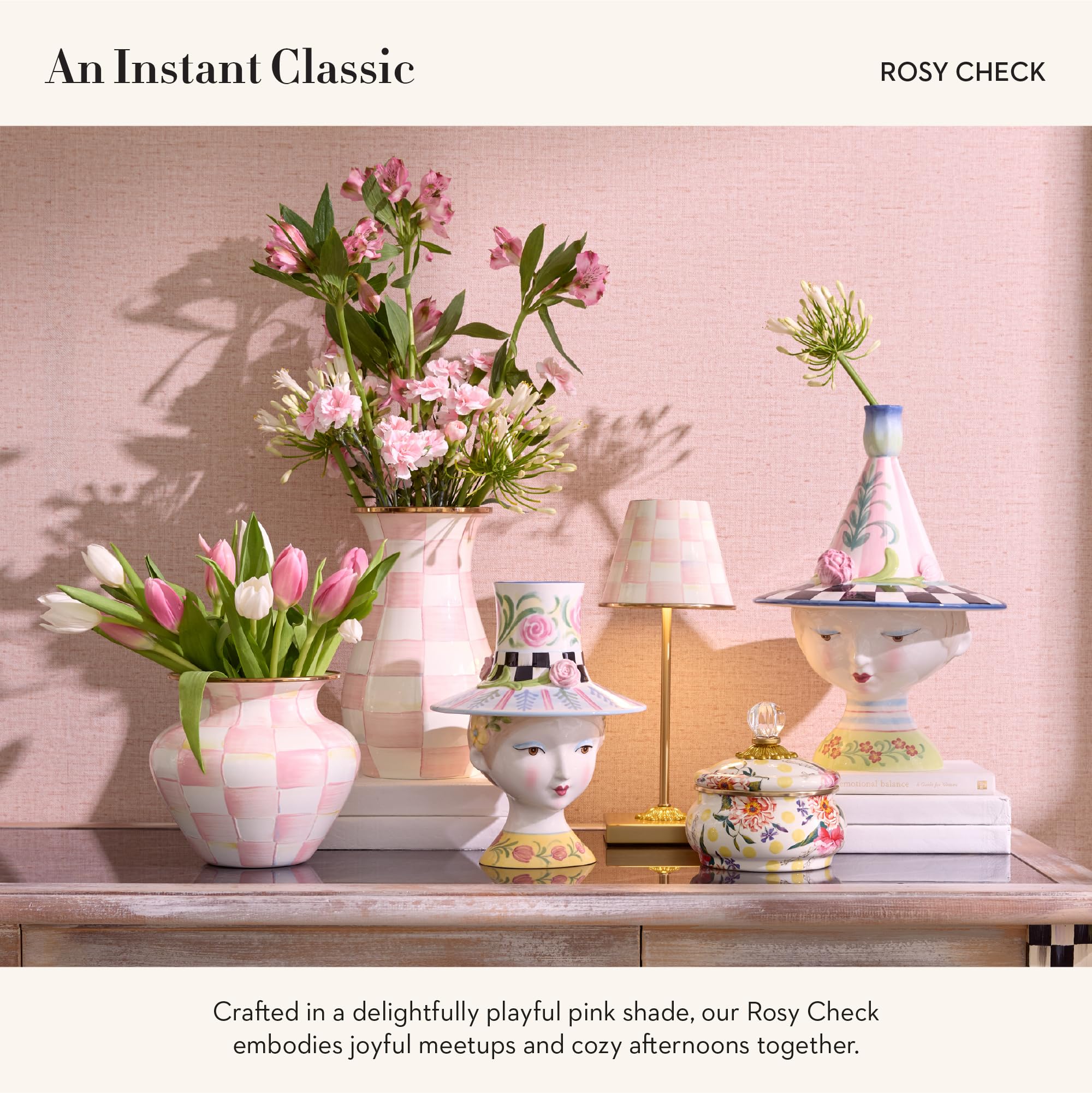 Mackenzie-Childs Candlestick Lamp, Decorative Lamp For Living Room Or Bedroom, Pink-And-White Rosy Check