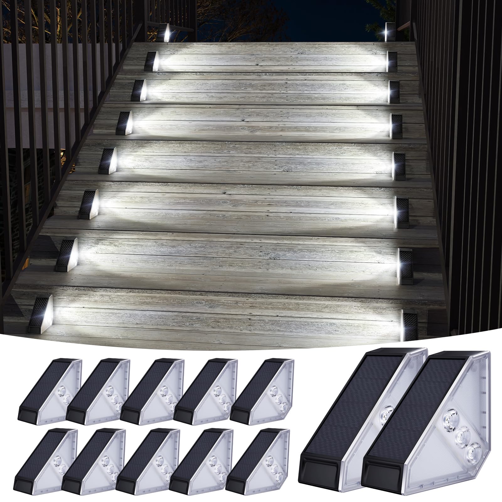 Kinkai 12 Pack Solar Stair Lights  Outdoor Step Light Waterproof Deck Lighting For Outside Garden Front Door Porch Yard Patio Decor (White Light)