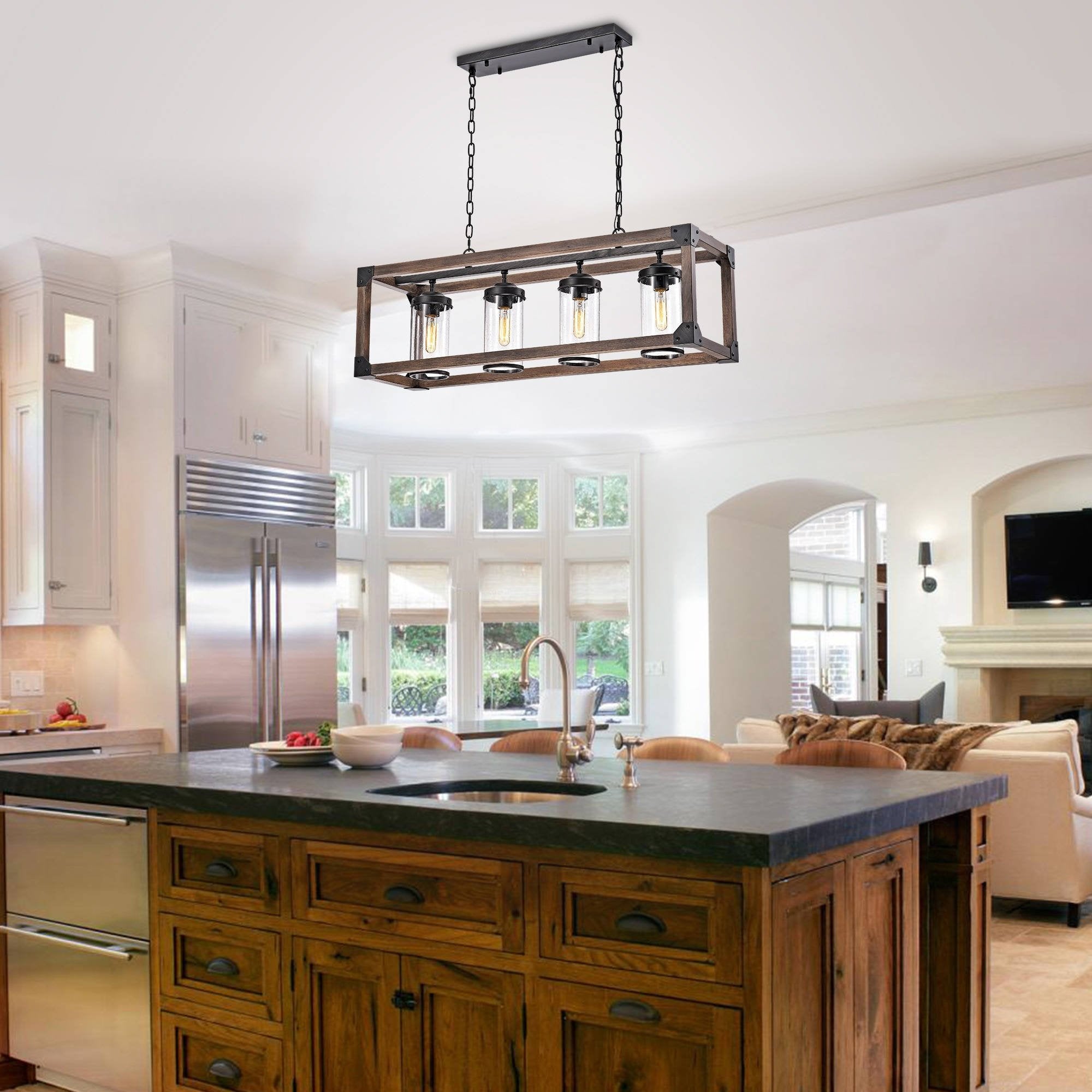 Jojospring Pendant Chandelier - Antique Black Metal and Wood with Bubble Glass Cylinders