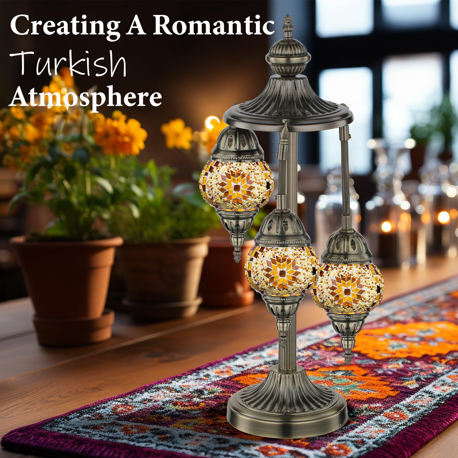 Marrakech Turkish Lamp 3 Globes Moroccan Table Lamp With Bronze Base, 23'' Tall Handmade Yellow Tiffany Mosaic Glass Night Light