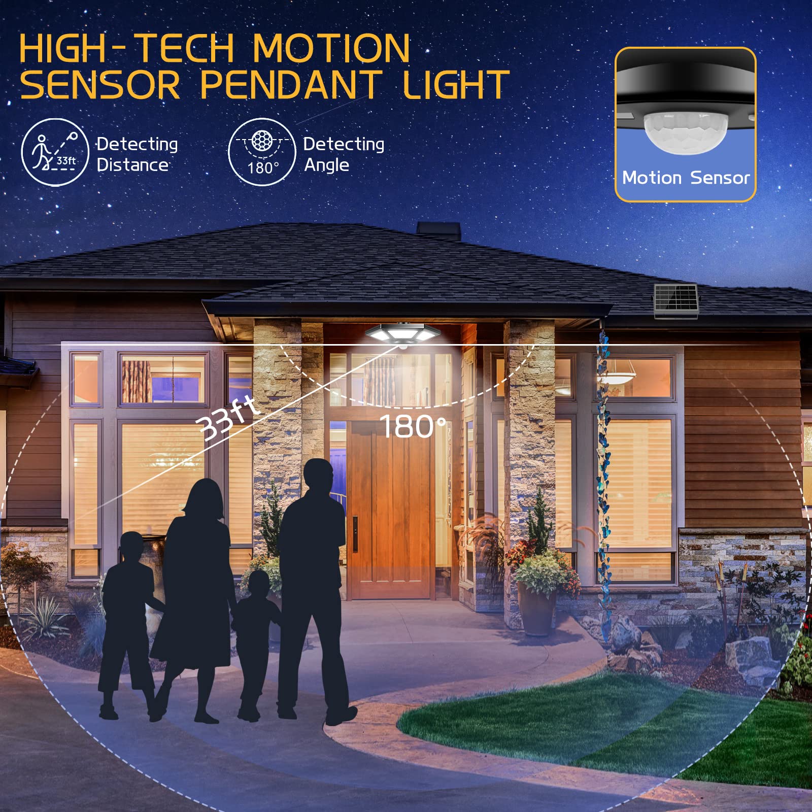 Deogos Solar Pendant Light - 180 LED 1000LM Motion Sensor, Remote Control, Black, Indoor/Outdoor, One Pack
