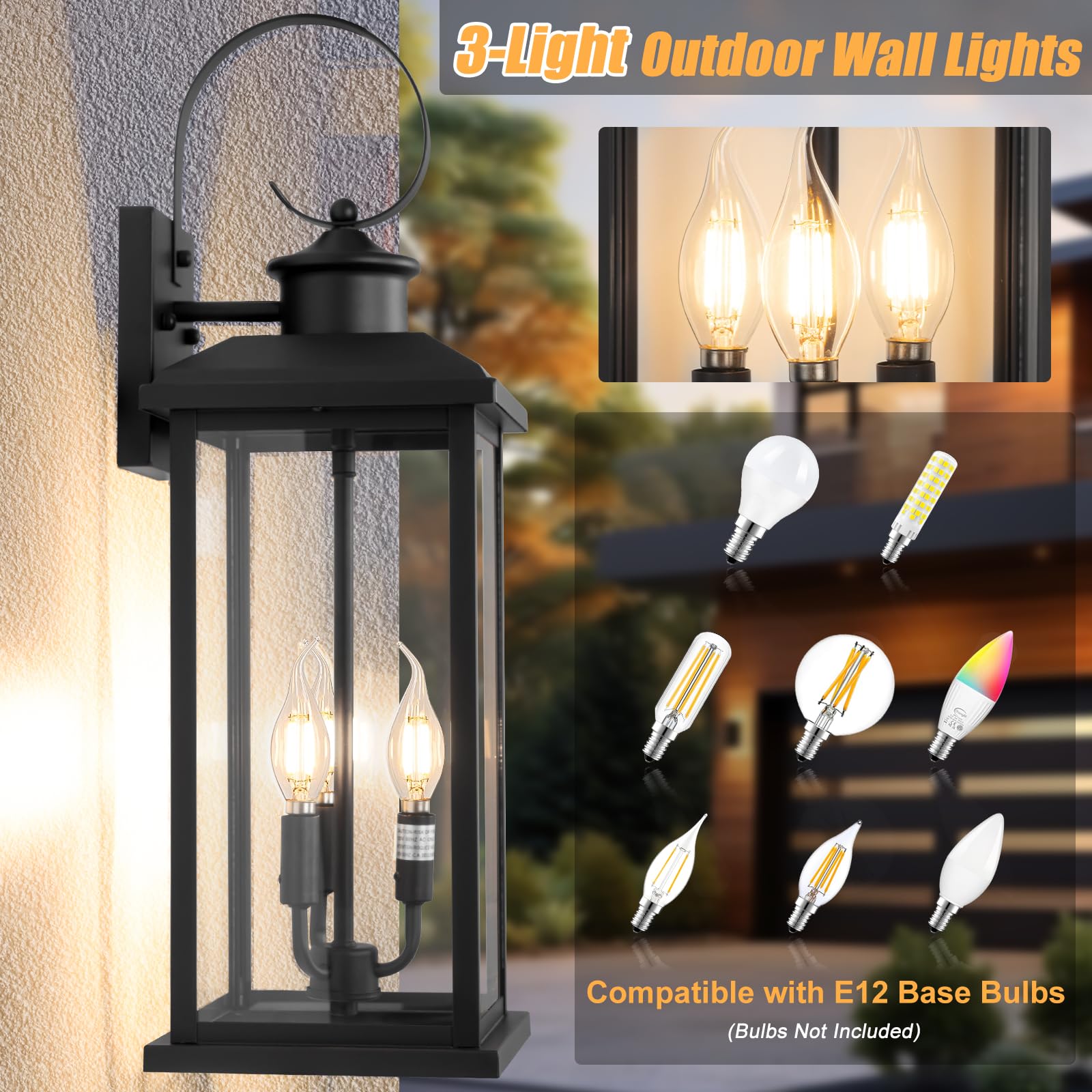 Siafavoi Large Outdoor Wall Light Fixture: 24In Black 3-Light Modern Porch Lantern  Waterproof Exterior Lighting Sconce Wall Mount  Outside Lamp For House Garage E12 Base