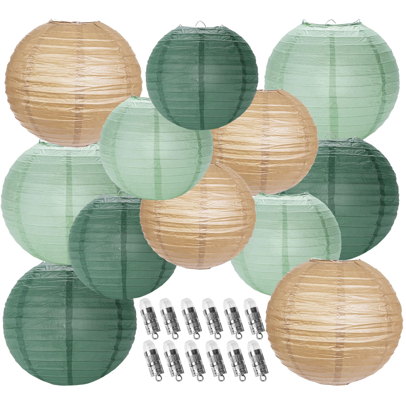 YUNXUAN Paper Lanterns, 12 LED Lights, Sage Green, Round, Model YX1034, Decorative Hanging Lanterns for Parties