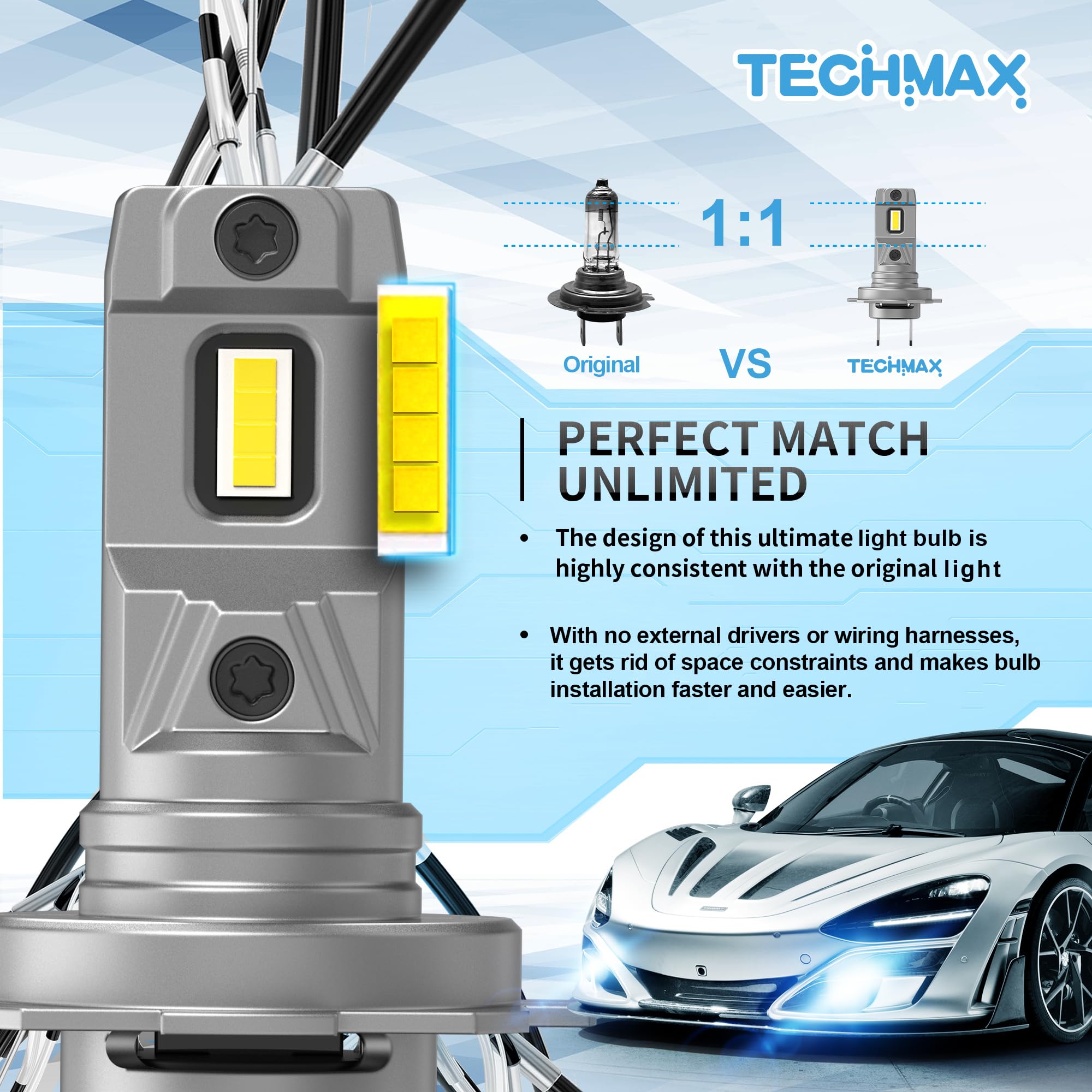 TECHMAX H7 Light Bulb - 6500K Xenon White, 600% Bright, Fanless Design, Pack of 2, Gray Aluminum