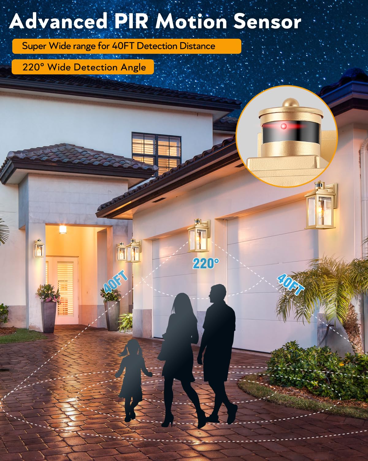 Vianis Motion Sensor Exterior Lights For House, Dusk To Dawn Outdoor Light Fixture Lantern, Gold Waterproof Outdoor Motion Senso