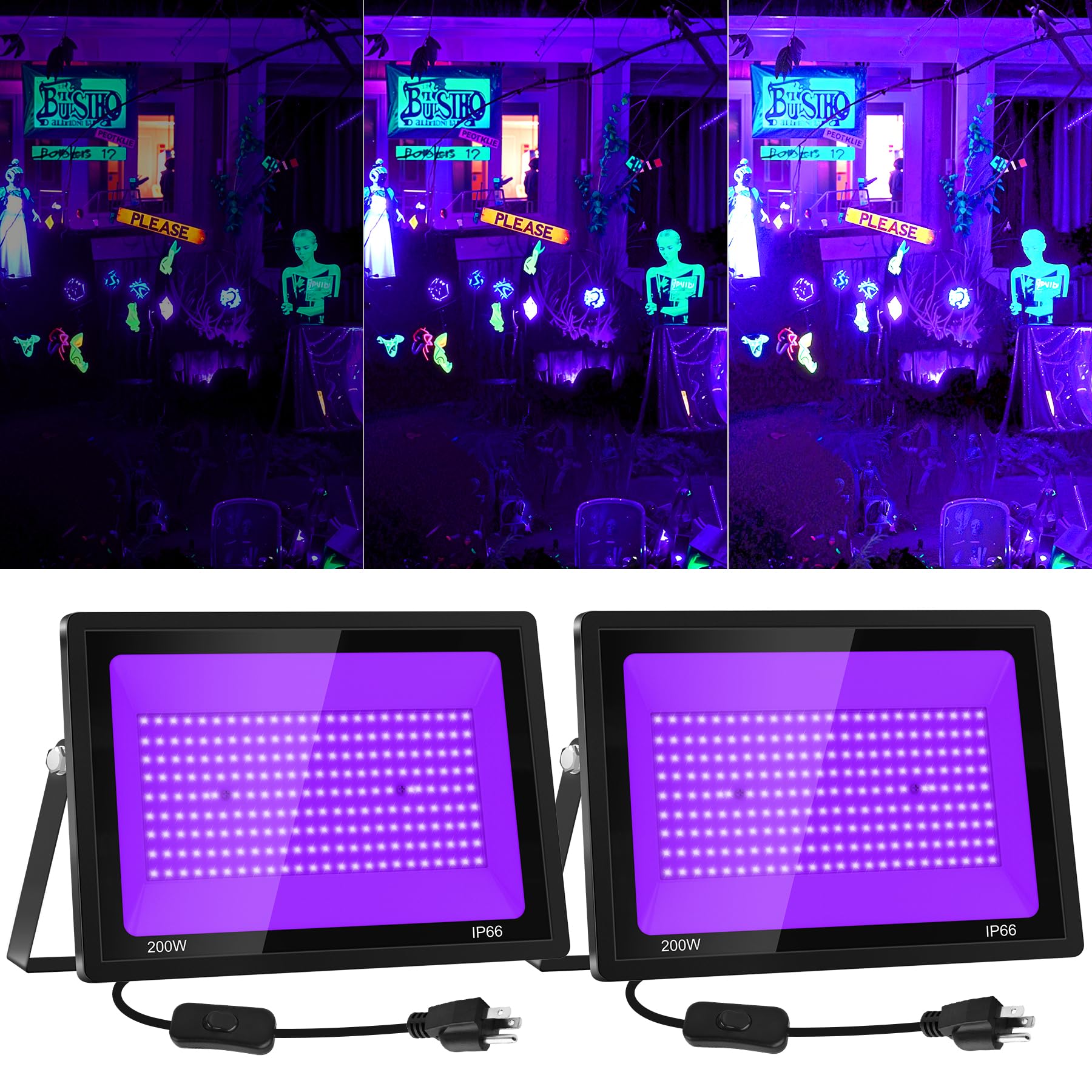 CREPOW 2 Pack 200W LED Black Light, Blacklight Flood Light with Plug Switch, IP66 Waterproof 3 Adjustable Brightness Black Light