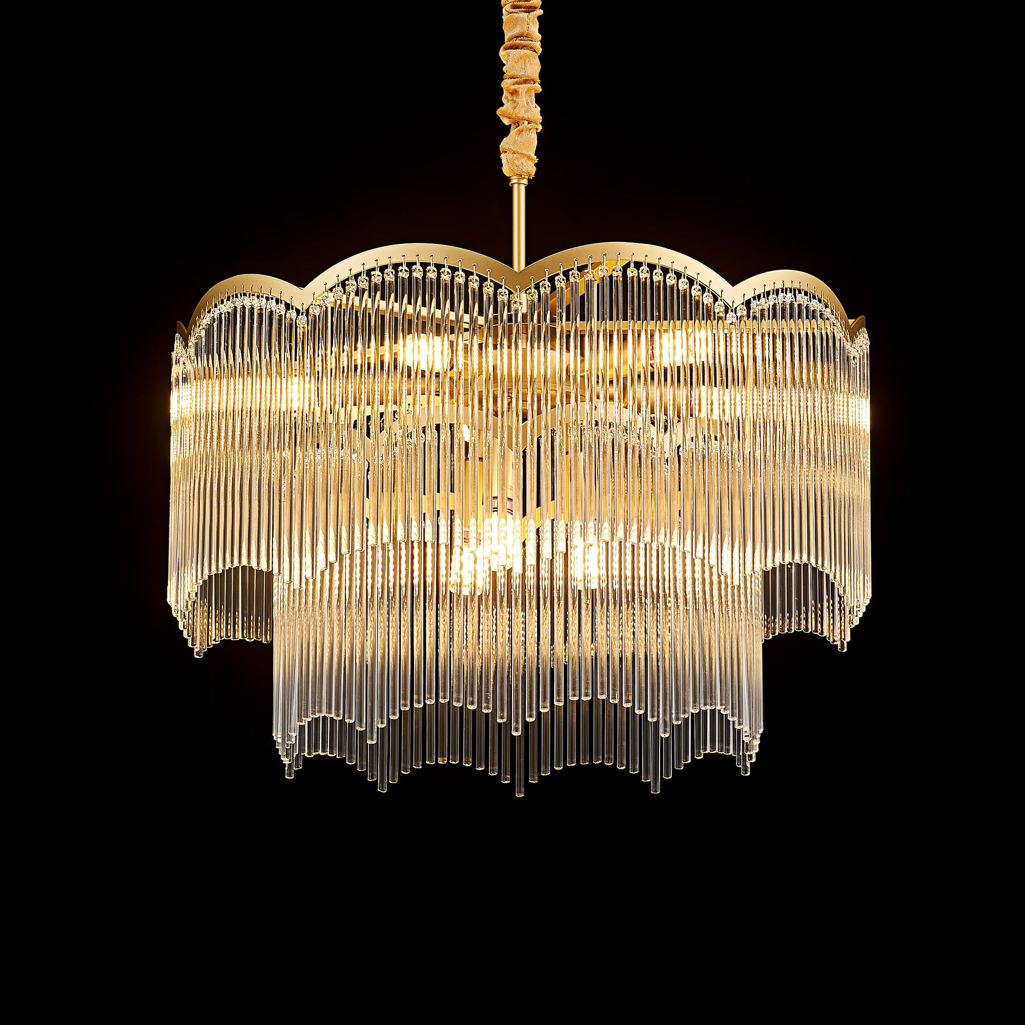 Faibra 22.83'' Gold Clear Glass Crystal Chandelier 8-Light Modern Crystal Pendant Ceiling Light Fixture 2-Tier Luxury Glass Chan