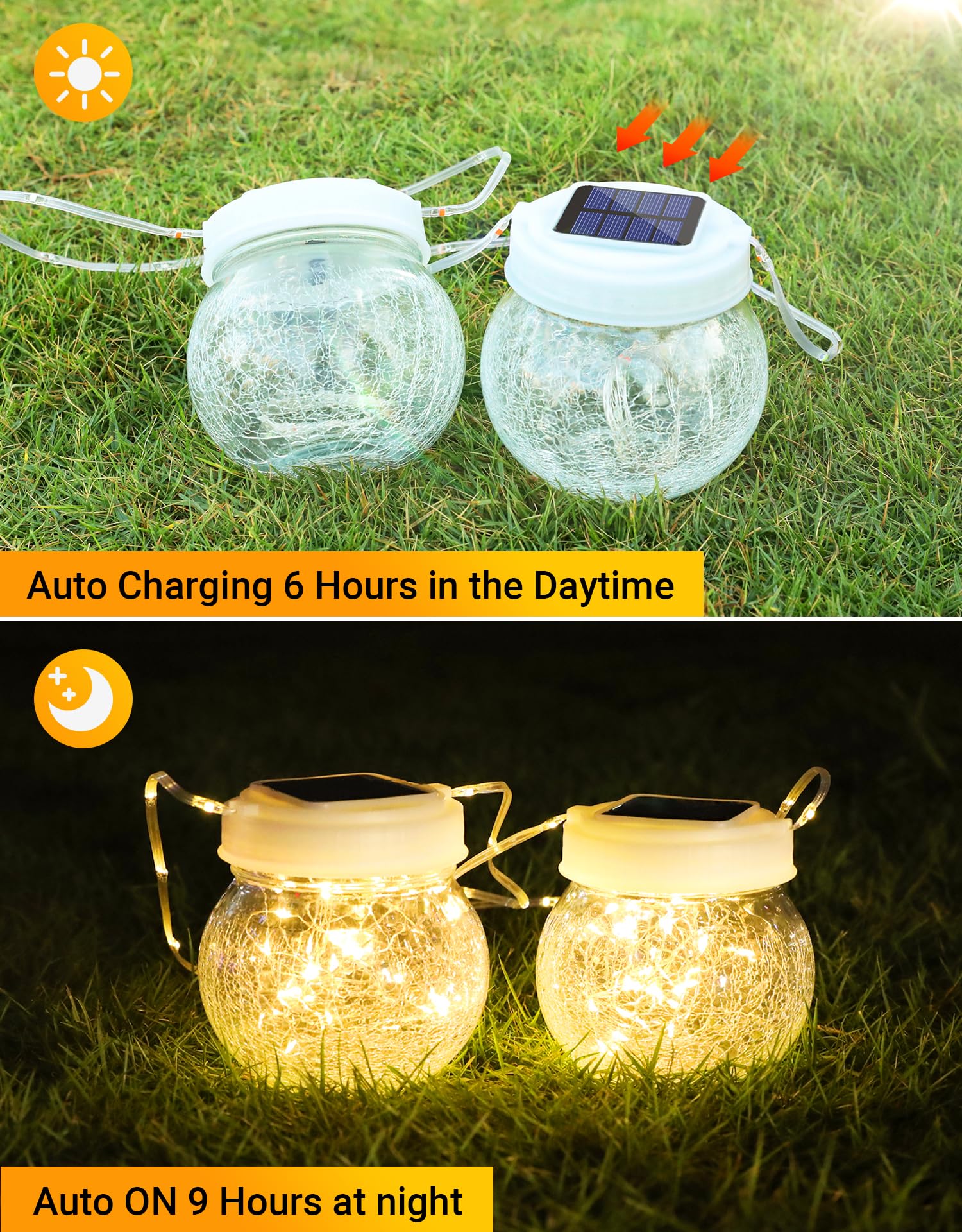 PARTPHONER Solar Lanterns 6-Pack - Waterproof Hanging Lights, Cracked Glass, Warm White, Model PASO052AW6, Perfect for Outdoor Decor