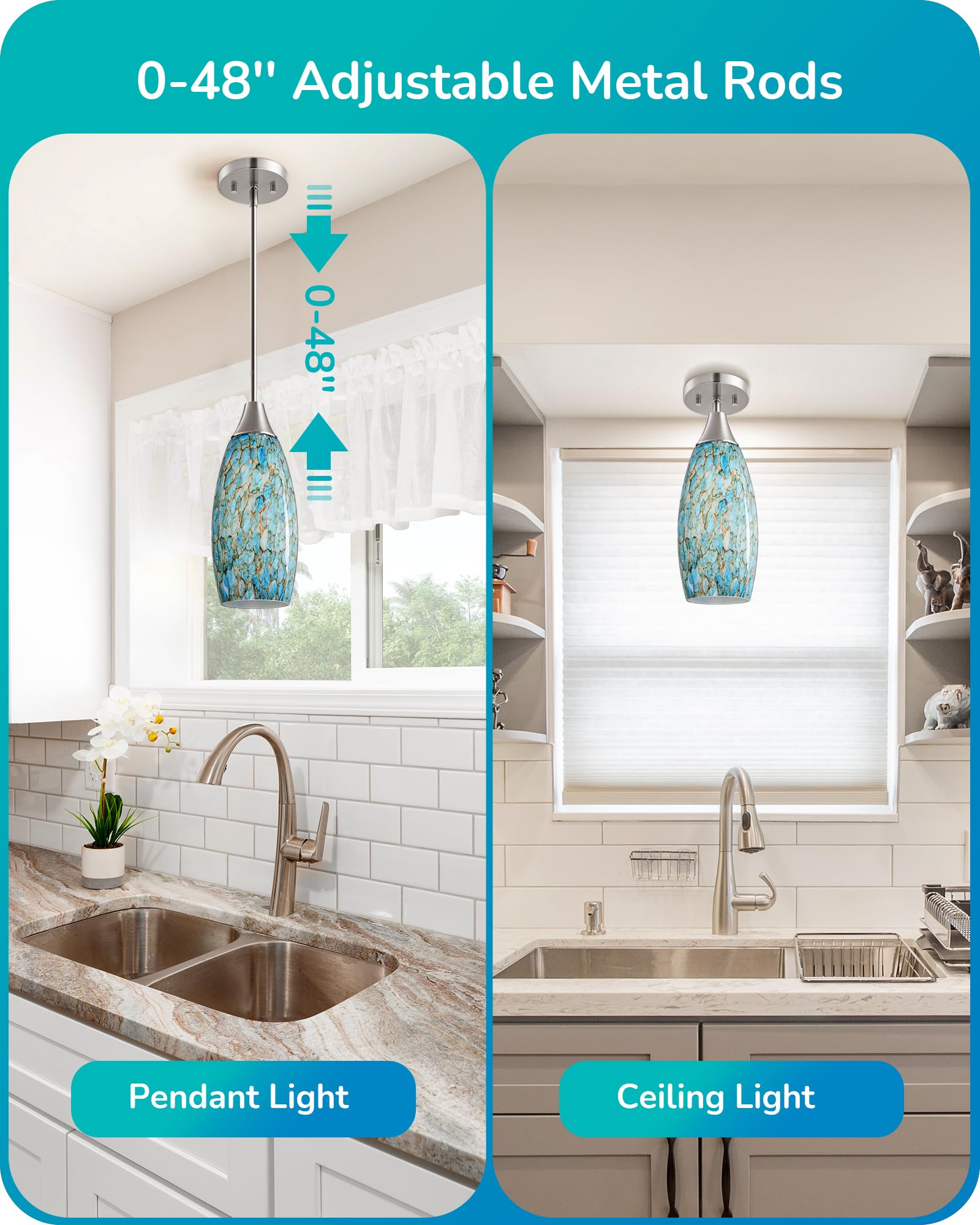 EDISHINE Pendant Light, Hand Blown Glass, Adjustable Brushed Nickel Rods, Light Blue, Model HHPL08C