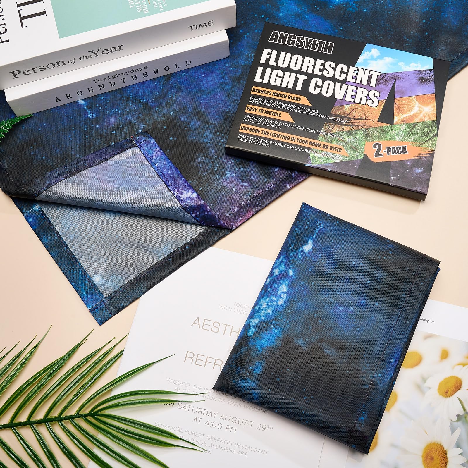 ANGSYLTH Fluorescent Light Covers - 4x2 Feet, Starry Sky, 2 Pack, Oxford Fabric, Strong Magnet, Ideal for Classroom, Office, Home