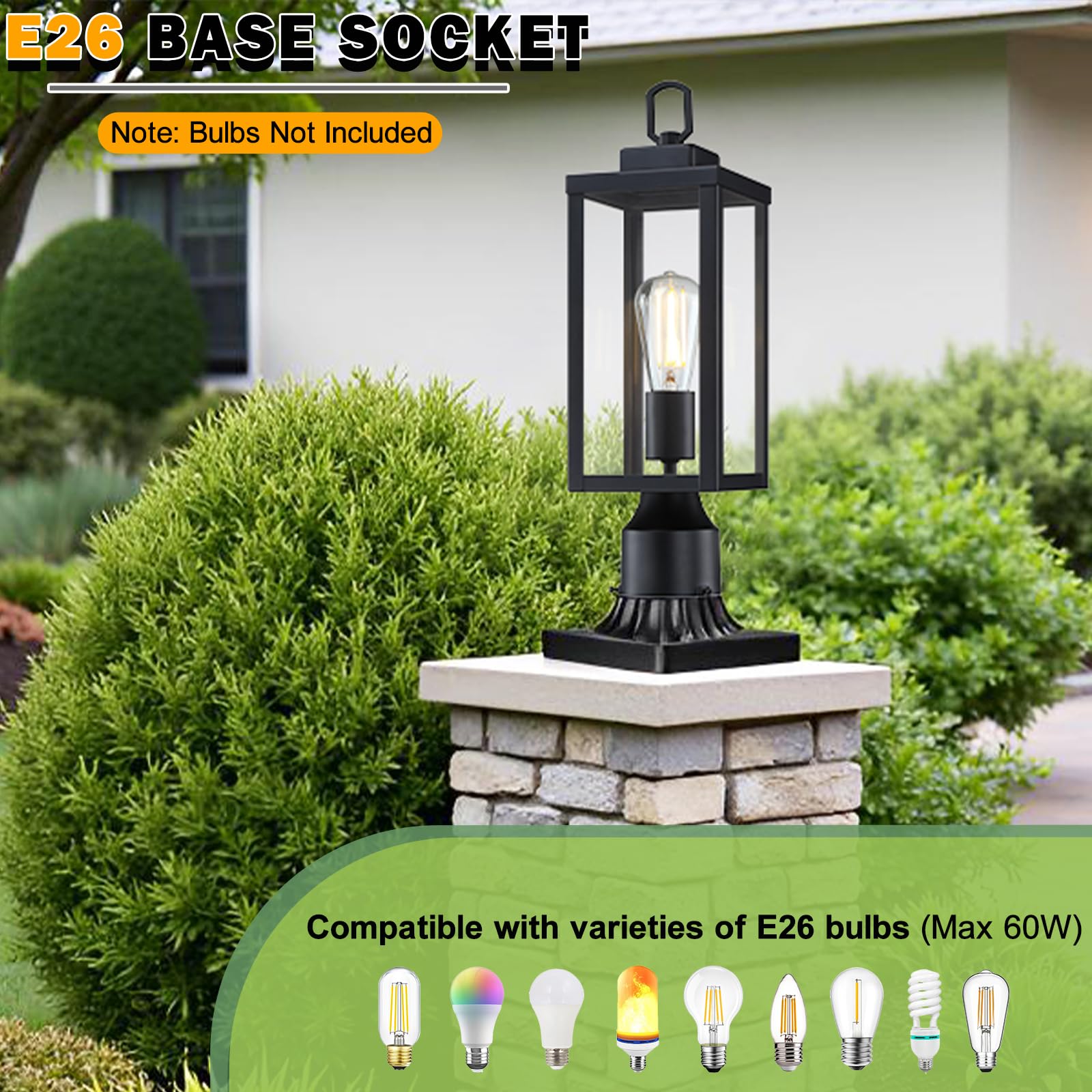 GRUENLICH Outdoor Post Lighting Fixture Pole Lantern, E26 Medium Base Max 60W, Metal Housing Plus Glass, Matte Black Finish, Bul