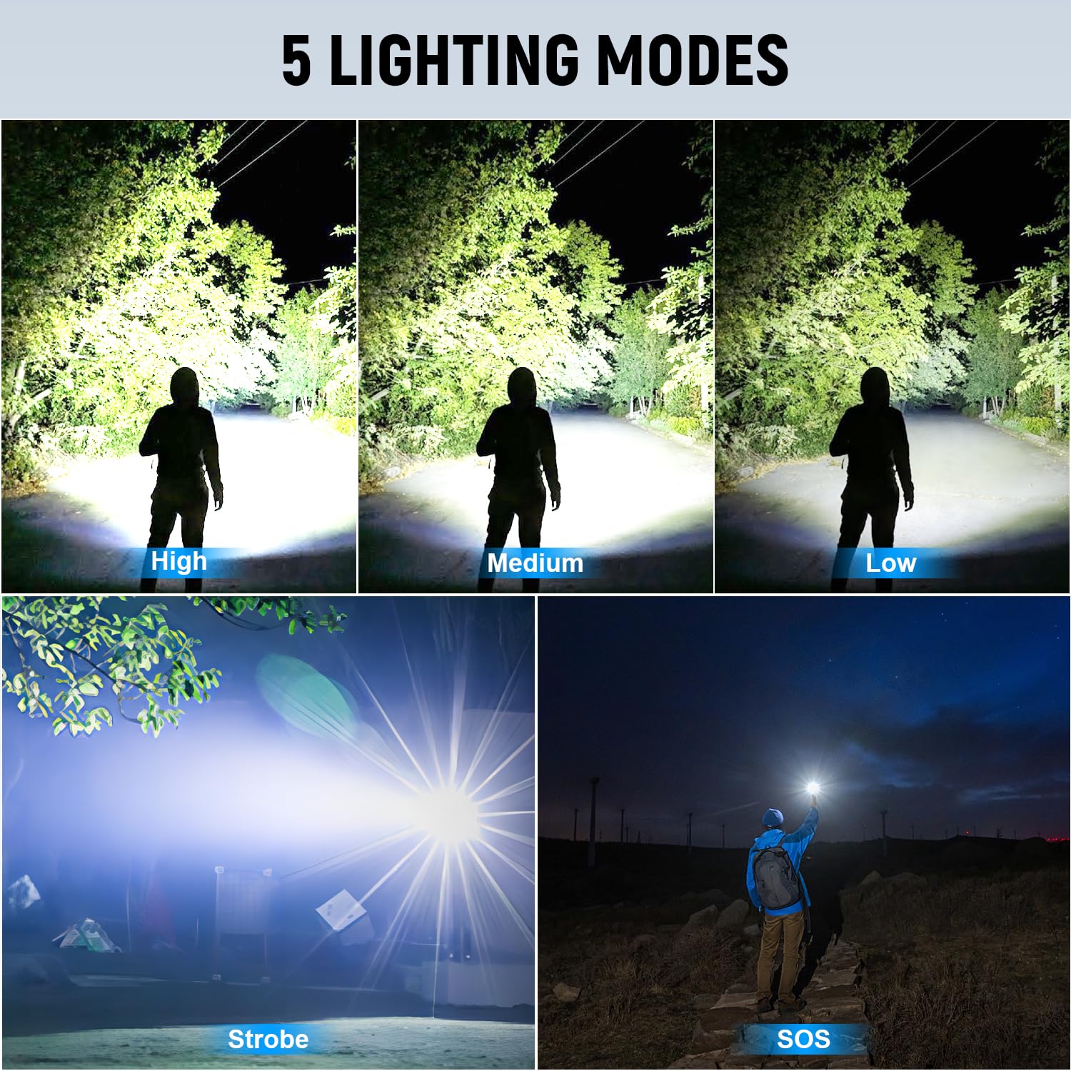 taoquwe Rechargeable LED Flashlight, 990,000 Lumens, Waterproof, Aluminum, Black, Model T220-1