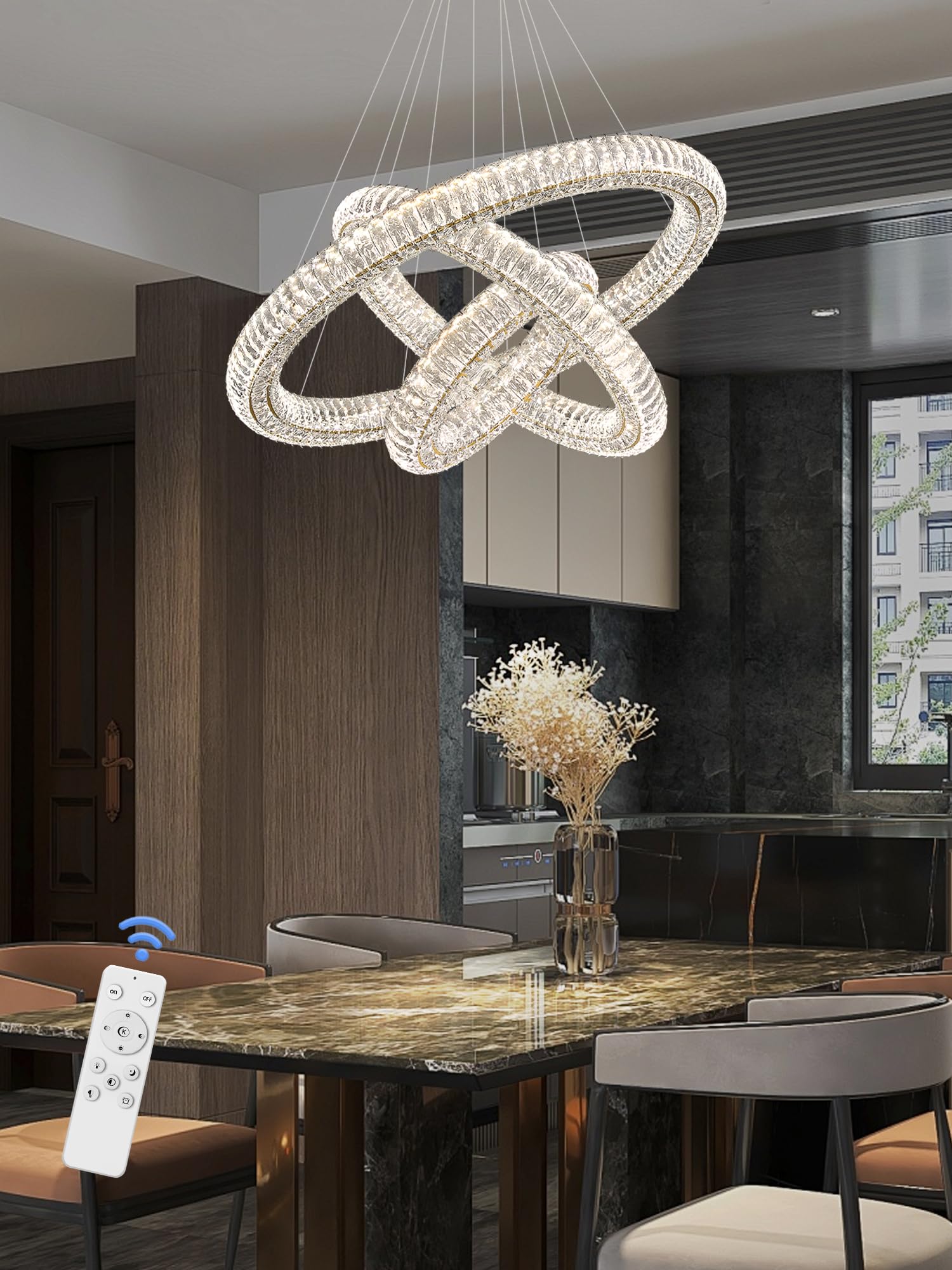 Idequy Gold 3 Rings Crystal Chandeliers For Dining Room Foyer High Ceiling 120'' Long Staircase Hanging Pendant Light D16+D24+D3