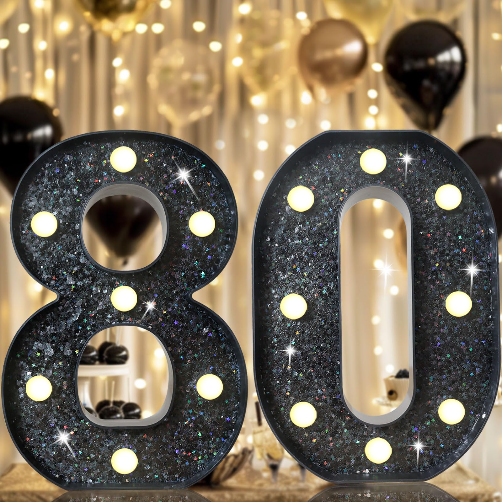 8.8 Decorative Led Light Up Numbers  Glitter Marquee Numbers Lights For 80Th Birthday Decorations  Shiny Lighted Number Sign For Birthday Party Wedding Anniversary Home Decor  Glitter Black 80