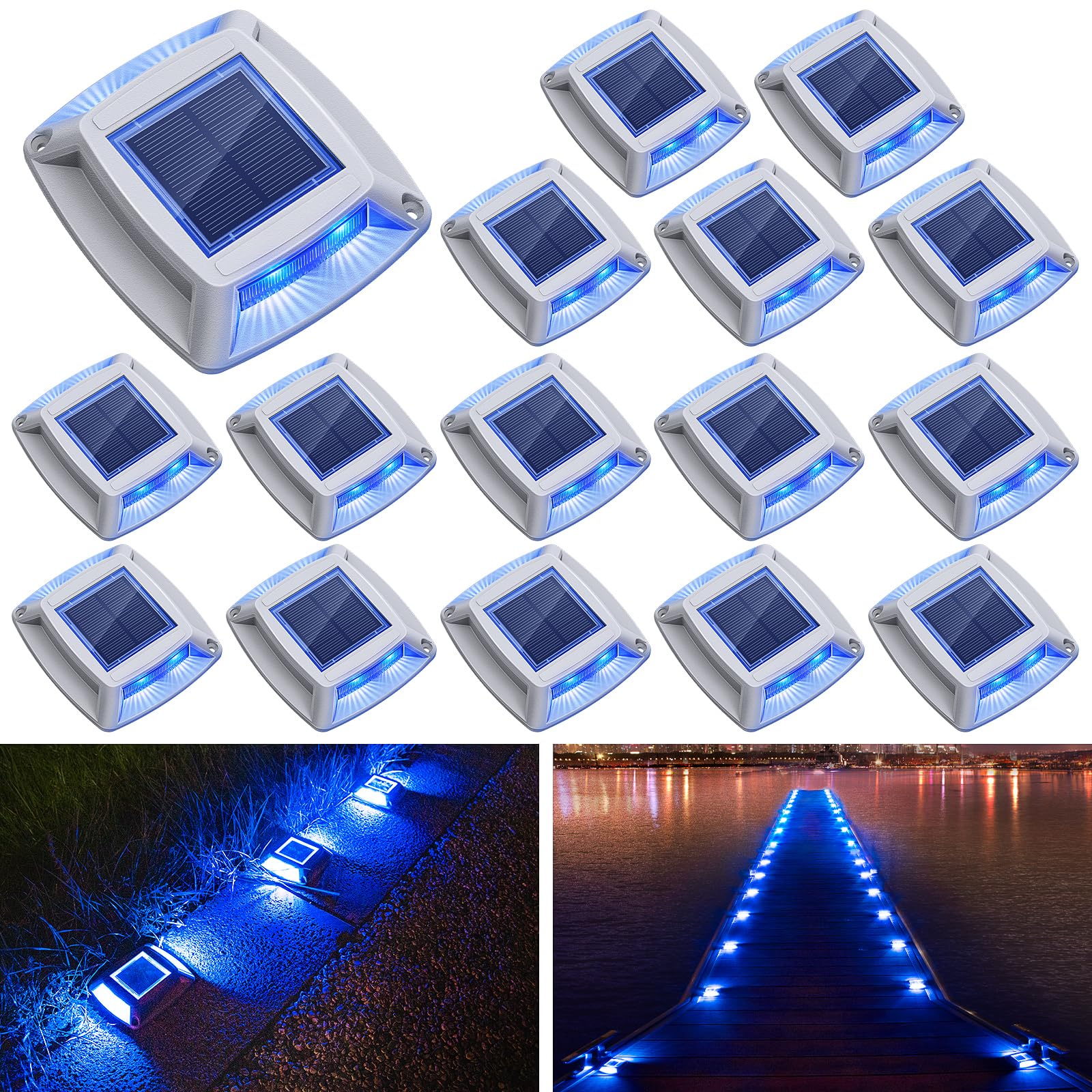 Etetale Solar Driveway Lights 16 Pack, Solar Powered Ip68 Waterproof Solar Dock Lights, 4 Led Driveway Markers Deck Lights For Dock, Pathway, Walkway, Sidewalk, Garden, Yard, Stair, Marine Use (Blue)