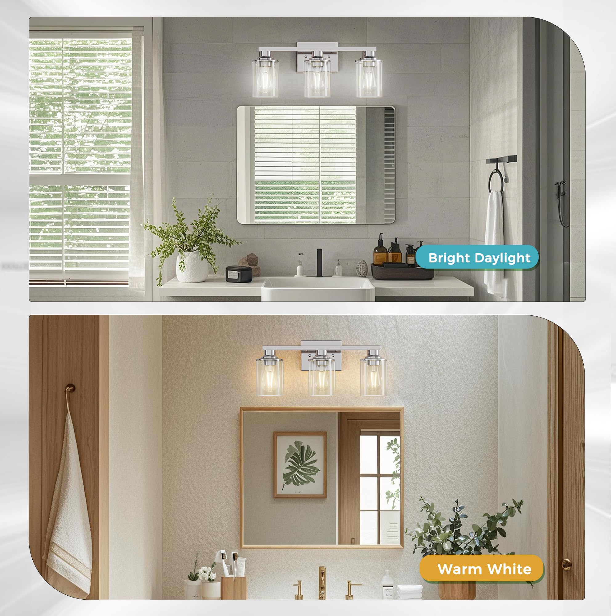 Doresshop 20 Inch Bathroom Light Fixtures  3-Light Chrome Bathroom Lighting Fixtures Over Mirror With Clear Glass Shade  Vanity Lights For Living Room Bedroom