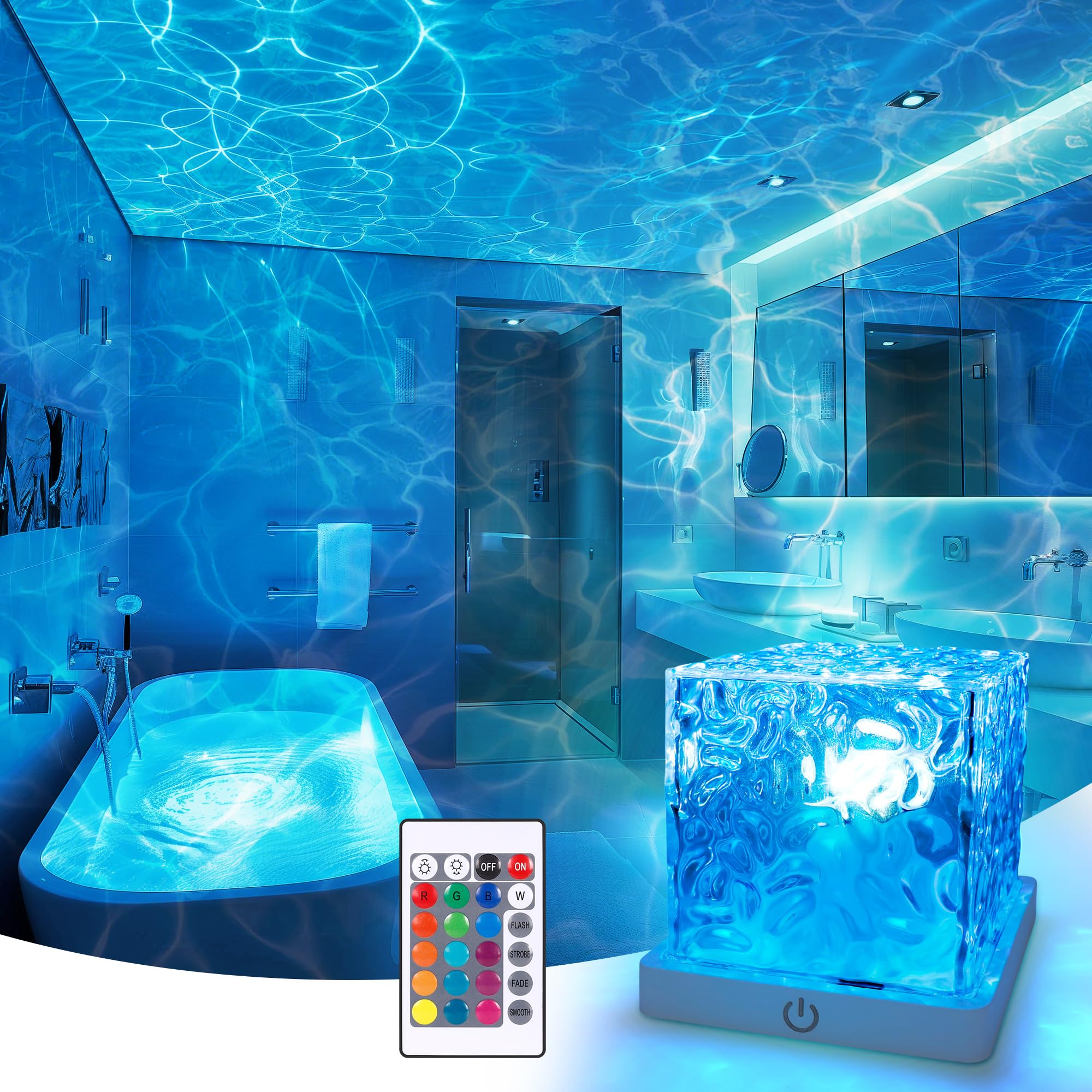 Rechargeable Shower Light No Wiring, 16 Color Changeable Ocean Wave Projector Light, Dimmable Waterproof Shower Lamp with Remote