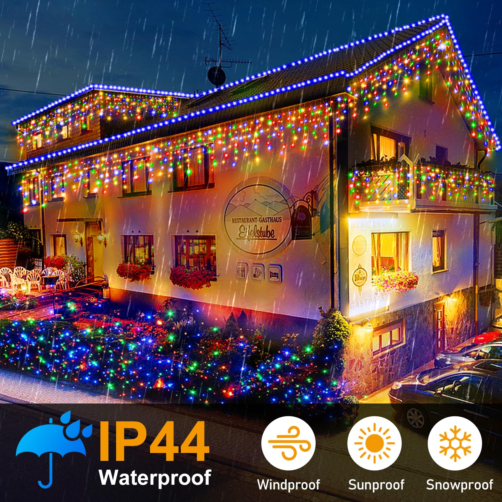 Heceltt Christmas Lights Outdoor, 164FT 1600 LED Multicolor Ice String Lights, IP44 Waterproof, 8 Modes, Model HECE-ST82
