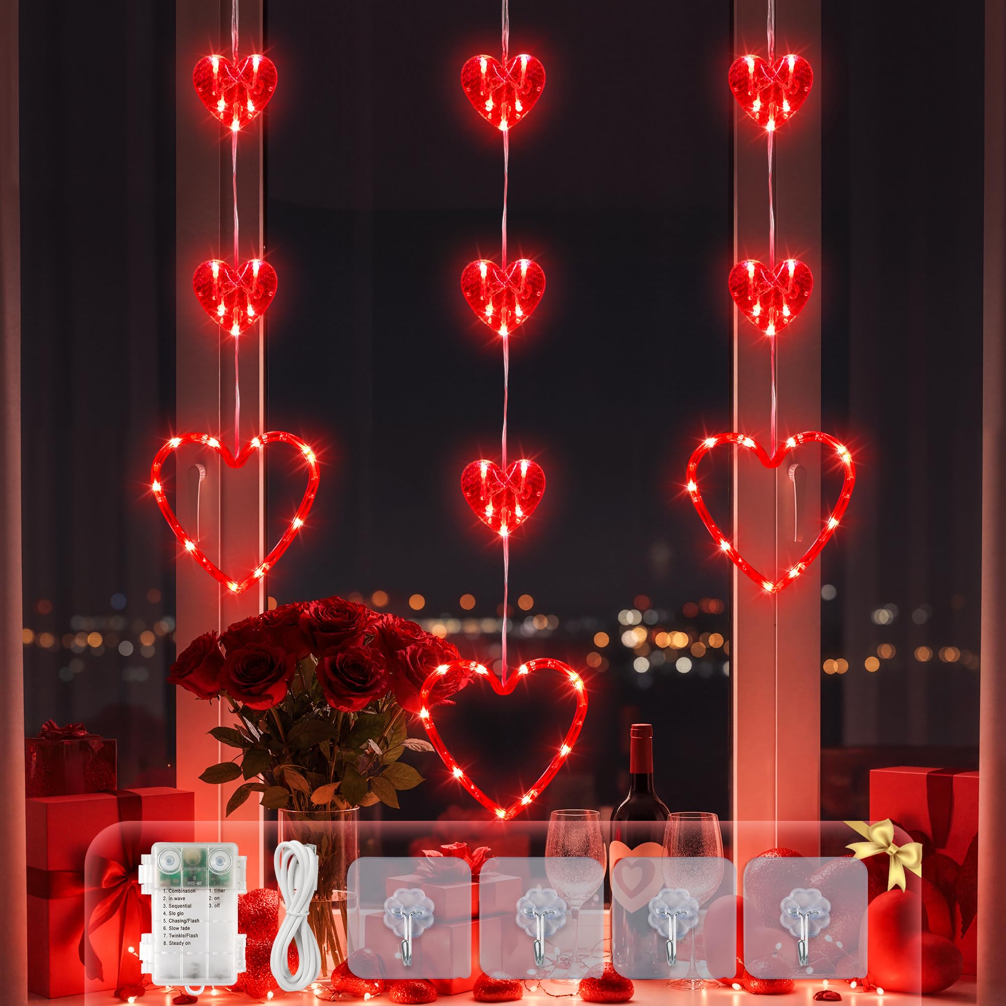 YOUNGAR Valentines Day Heart Window Lights, 5FT 65LED Battery/USB Powered with Timer, Waterproof with 8 Modes Memory for Home B