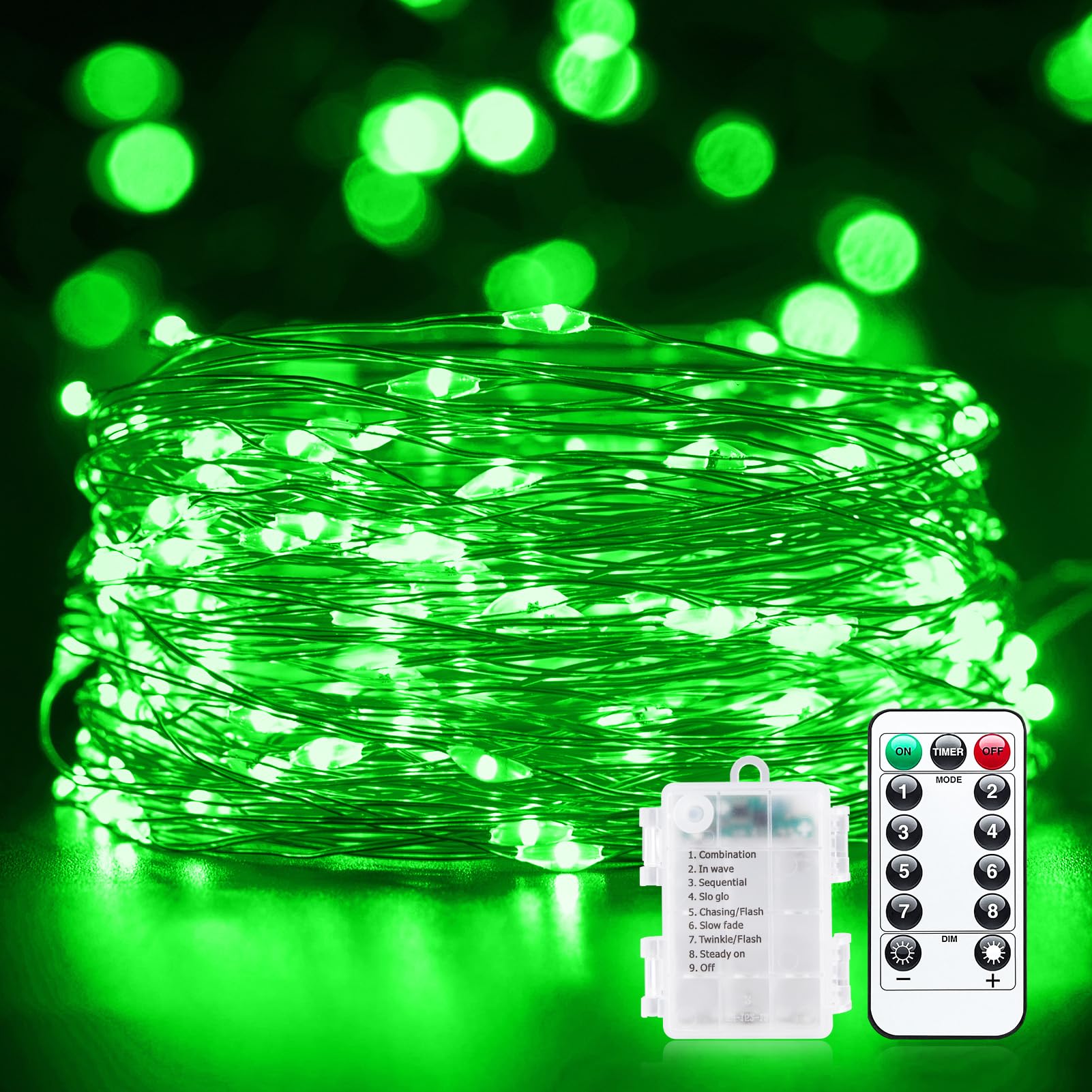 33Ft 100 LED Outdoor String Lights, Green Fairy Lights Battery Operated with Remote, Waterproof Twinkle Lights for Bedroom Dorm Patio Tapestry Backyard Garden Party Indoor St. Patrick Decoration