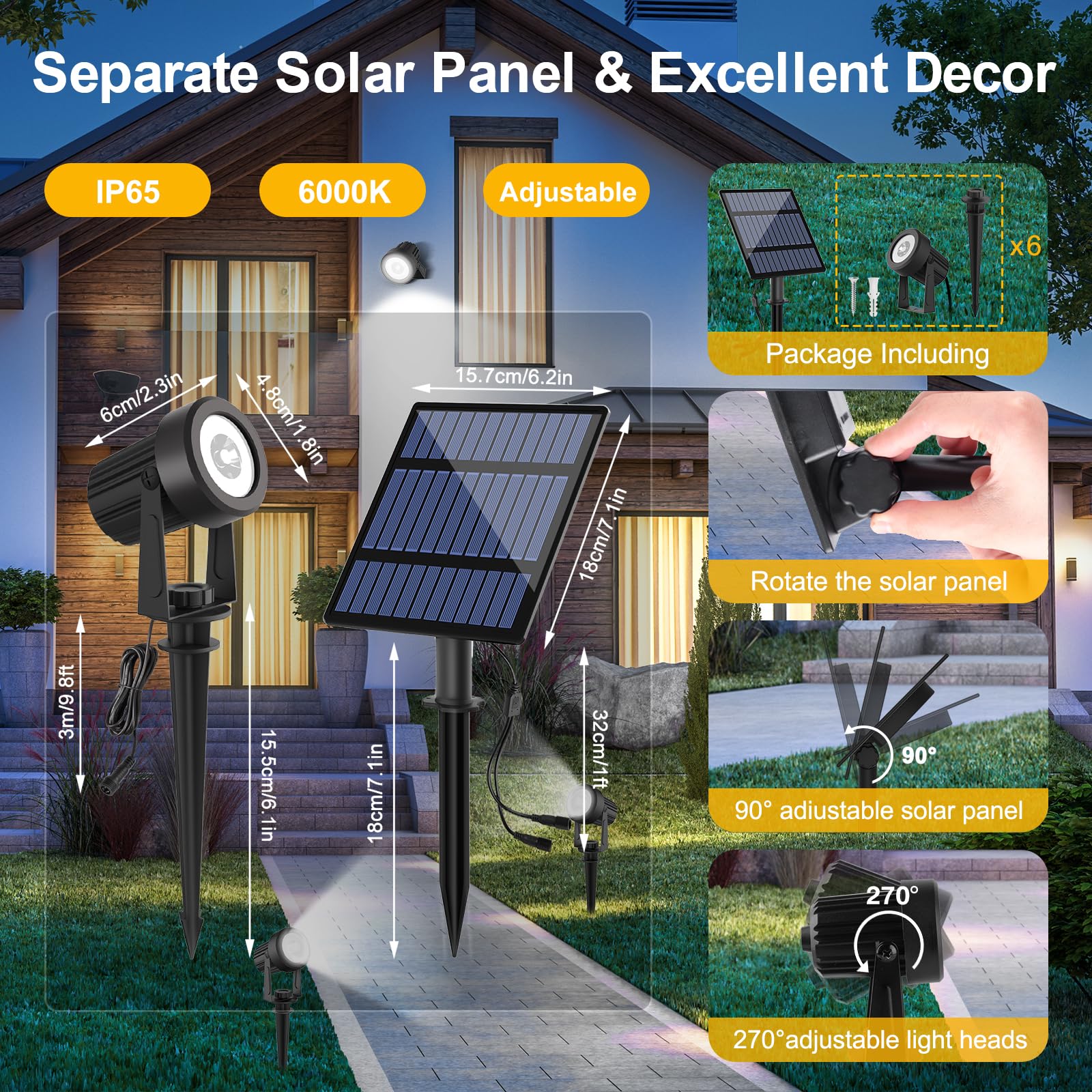 T-Sunus Solar Garden Spotlight Outdoor 6-In-1, White Landscape Spot Lights Ip65 Waterproof, 5W Separated Panel, Dusk To Dawn 600